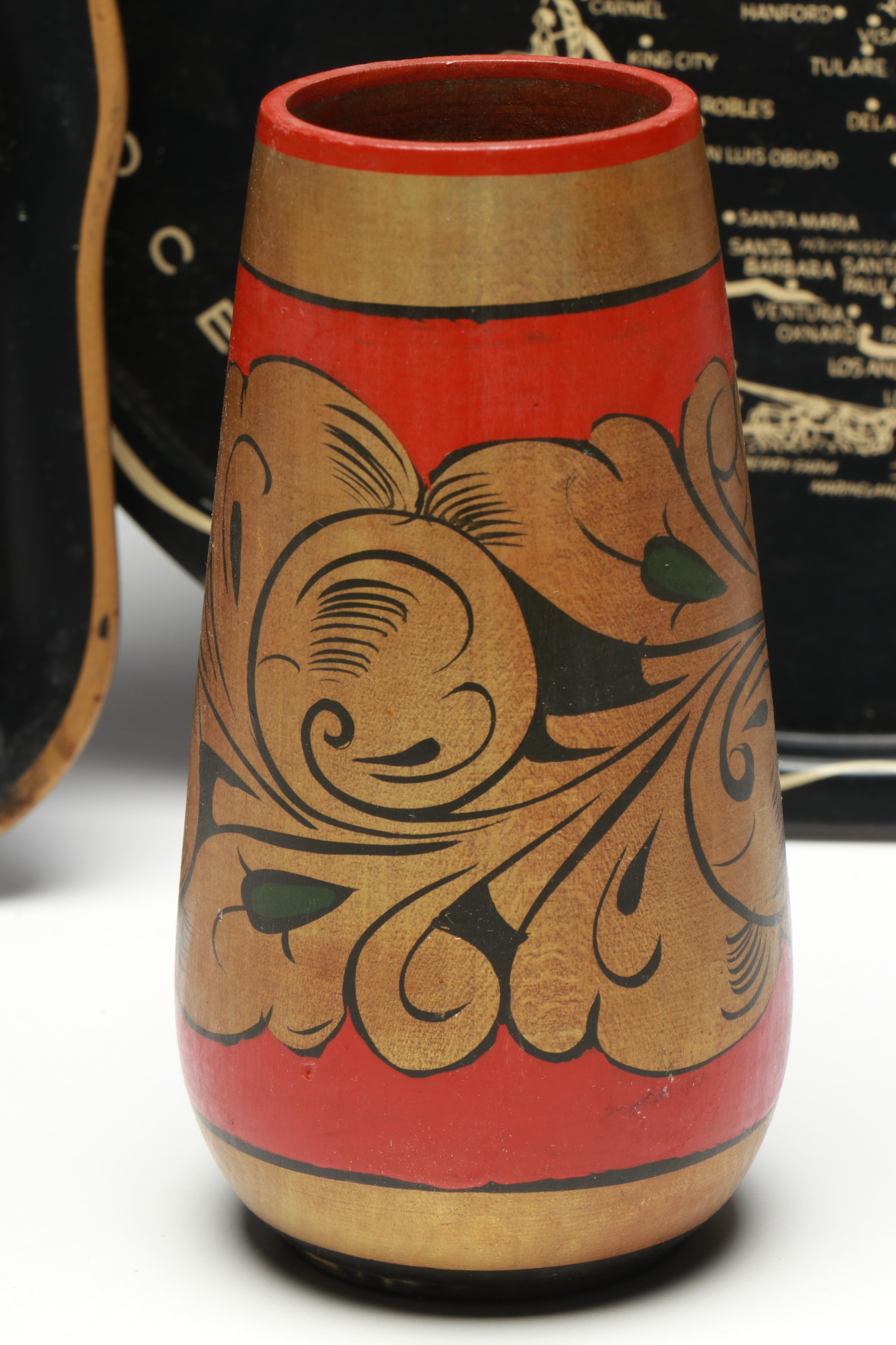 Russian Folk Art Painted Wood Vase and Spoons with Other Vintage Table Décor