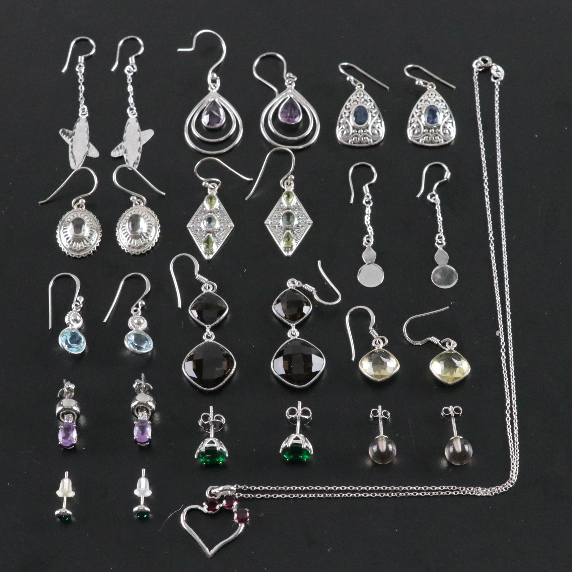 14 Assorted Sterling Silver Necklaces, Earrings and Pendants