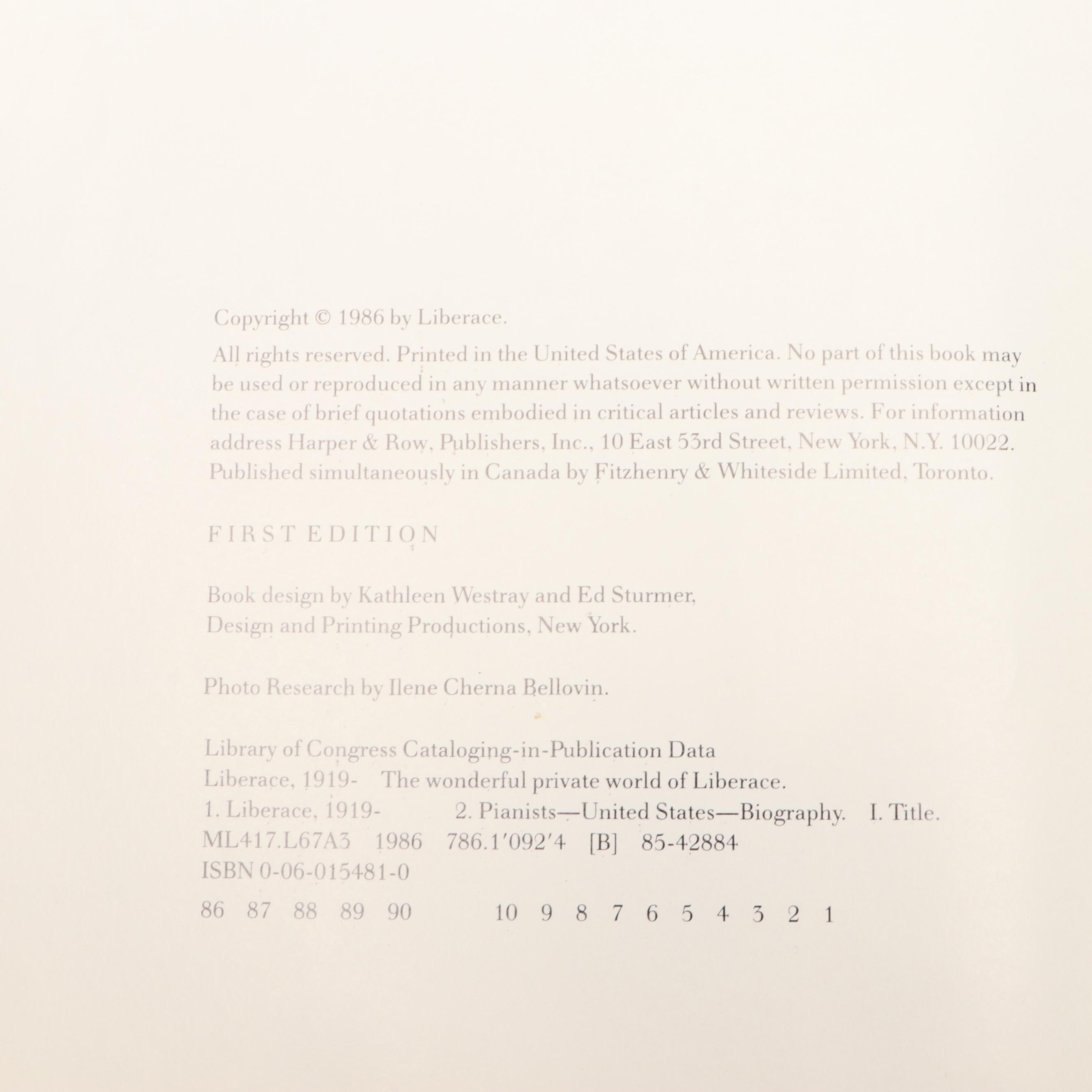 First Printing "The Wonderful Private World of Liberace" by Liberace, 1986
