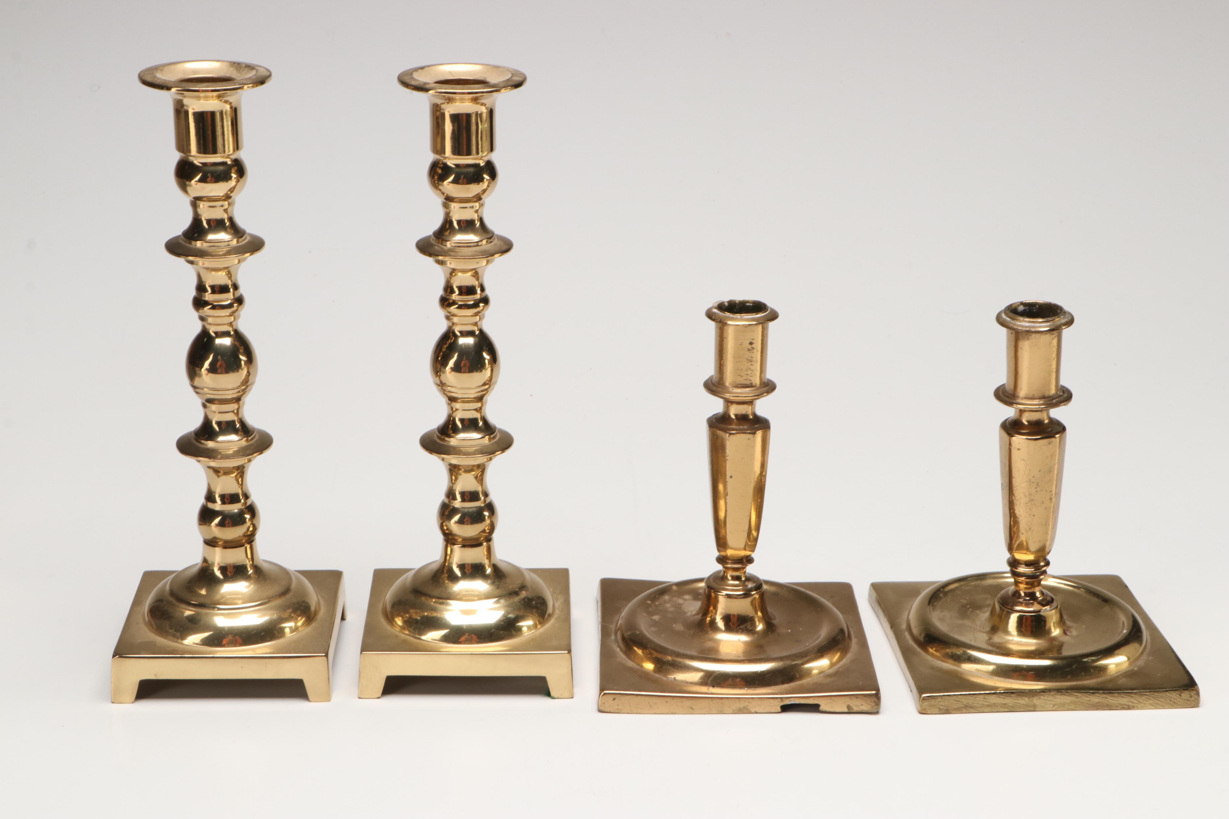Hollywood Regency Style Acrylic and Brass Bin with Other Brass Candlesticks