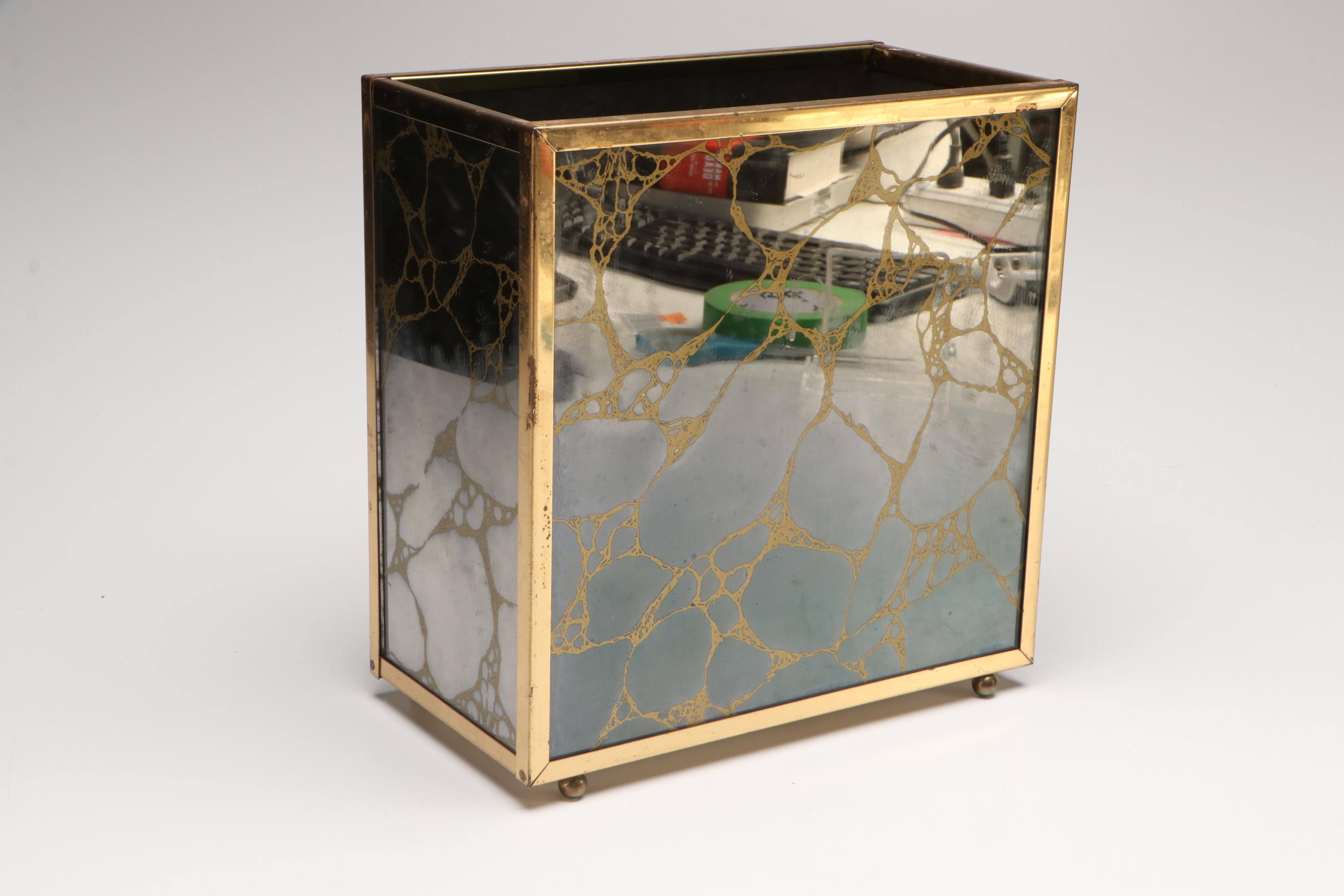 Hollywood Regency Style Acrylic and Brass Bin with Other Brass Candlesticks