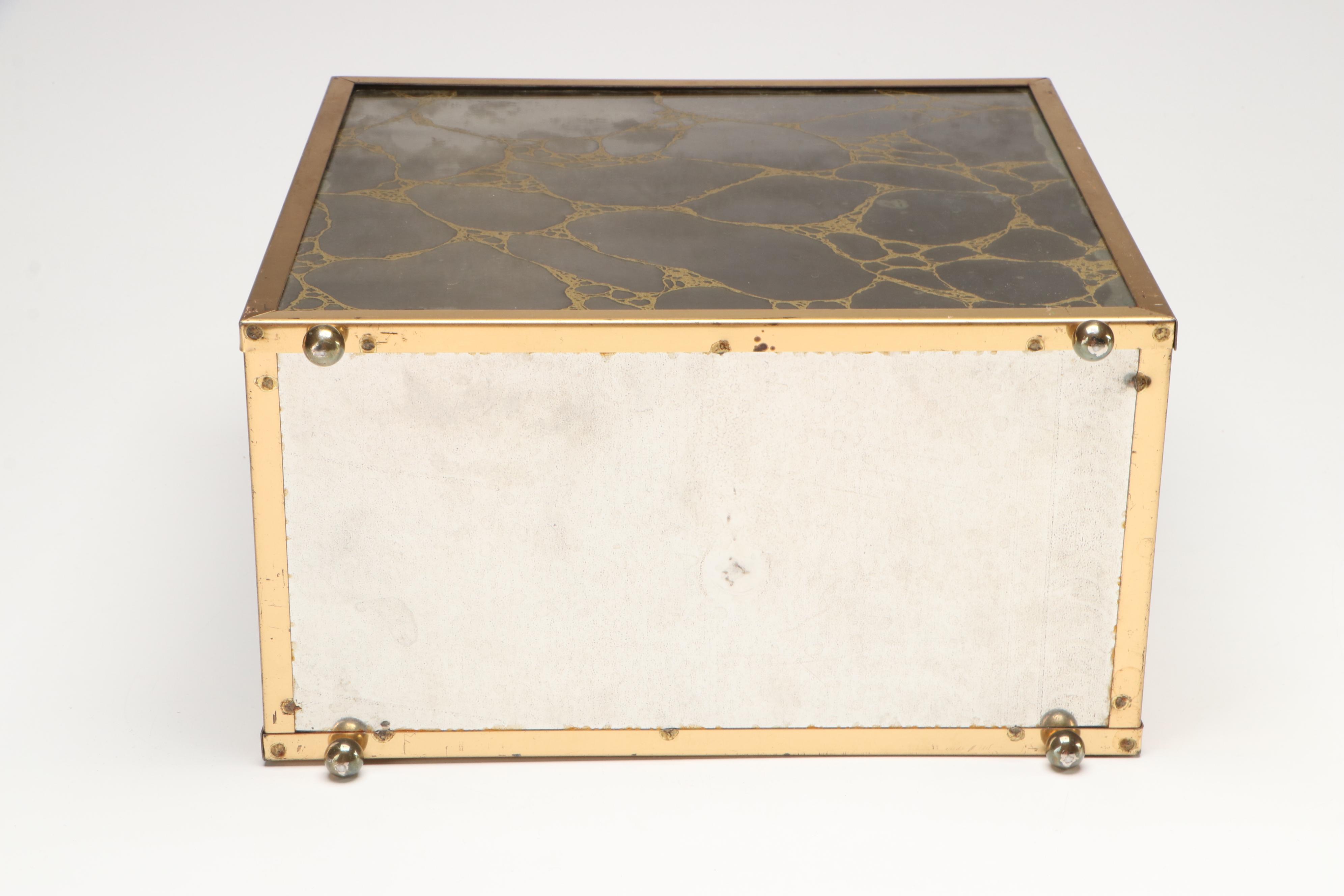 Hollywood Regency Style Acrylic and Brass Bin with Other Brass Candlesticks