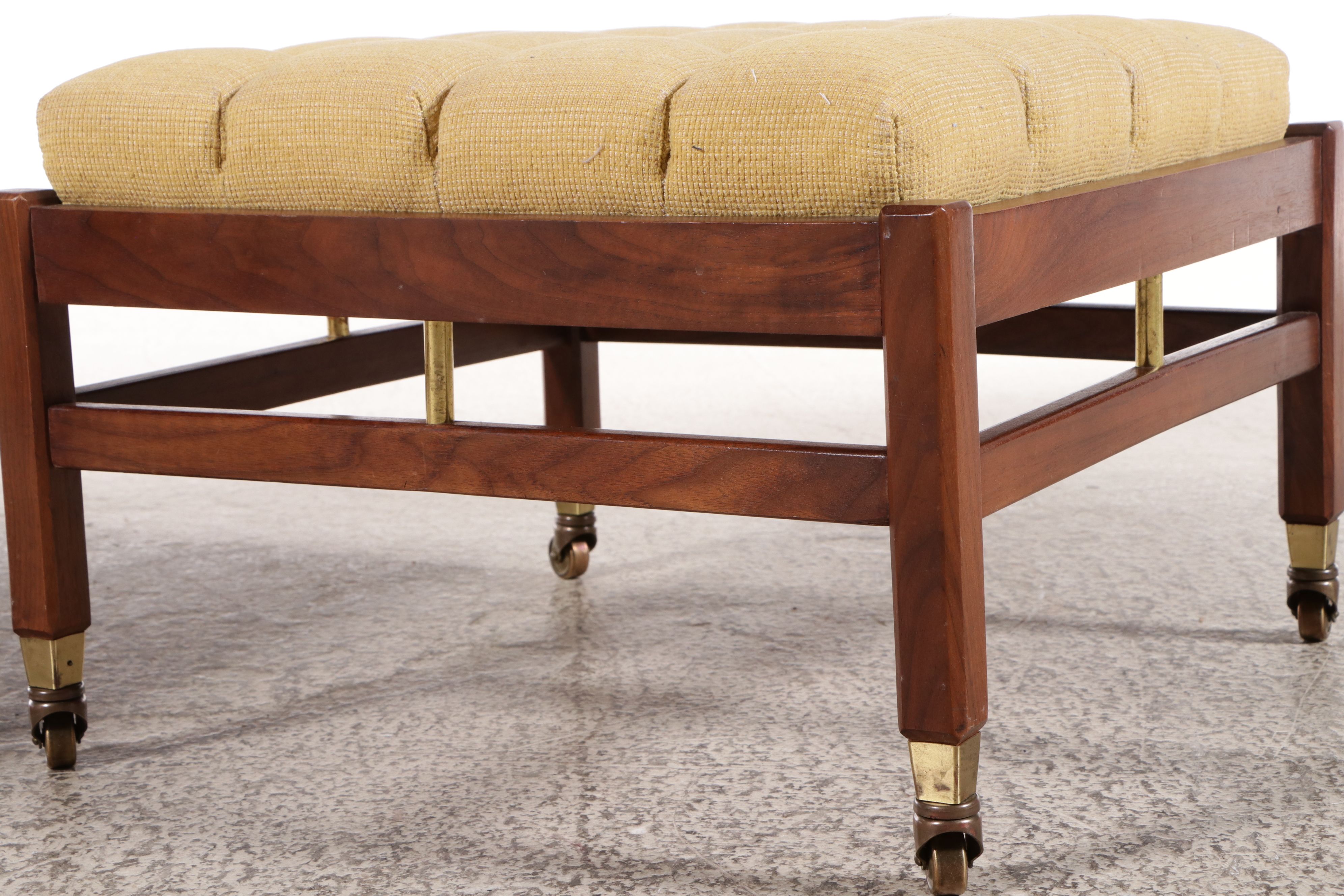 Pair of Mid Century Modern Walnut and Brass Tufted Ottomans