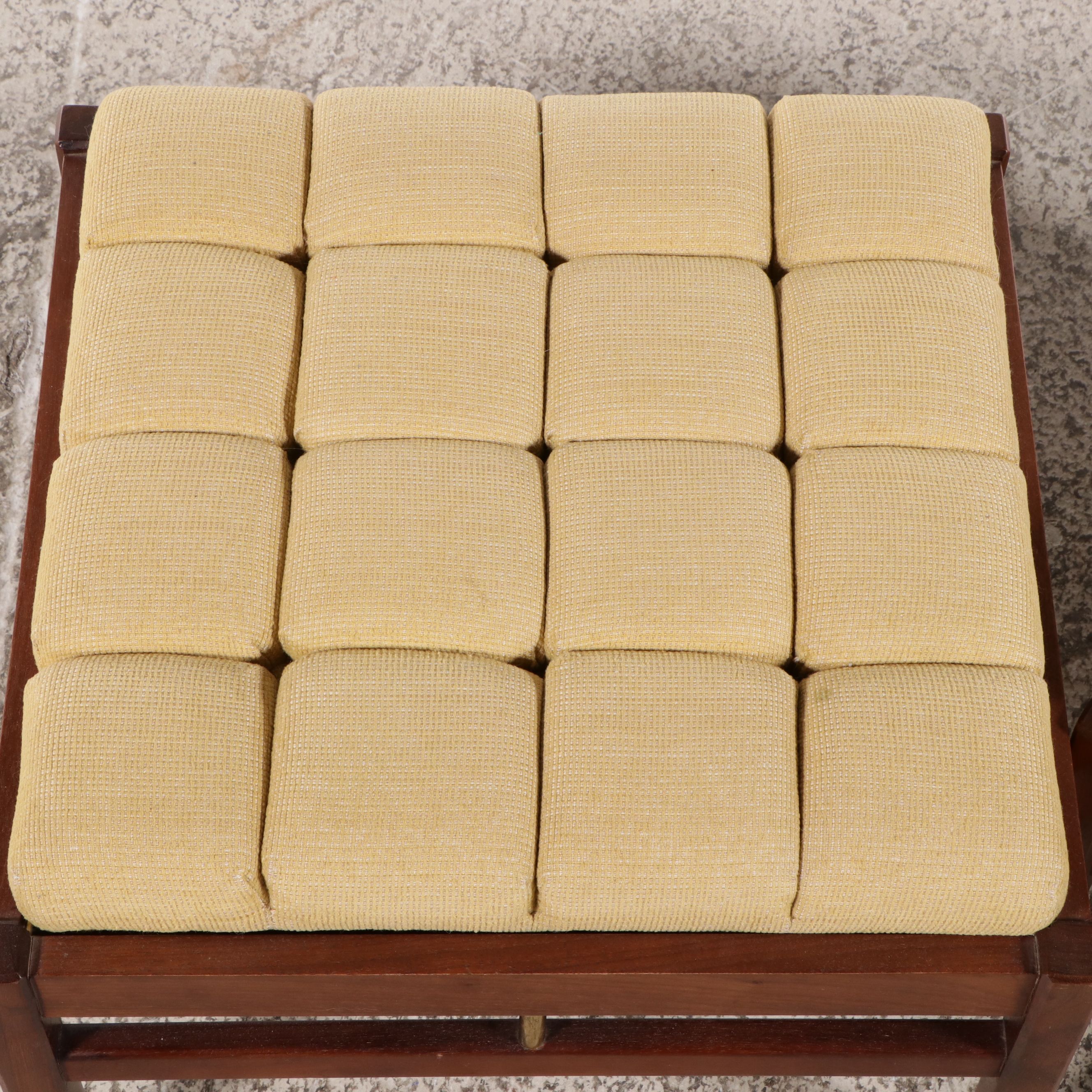 Pair of Mid Century Modern Walnut and Brass Tufted Ottomans