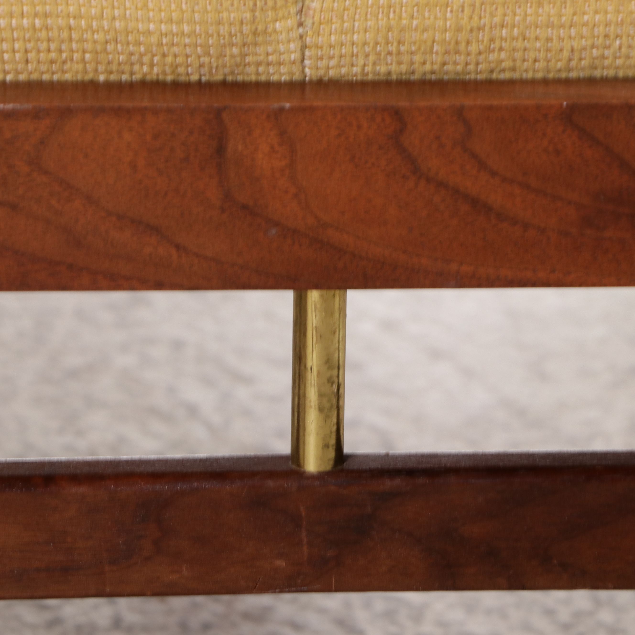 Pair of Mid Century Modern Walnut and Brass Tufted Ottomans