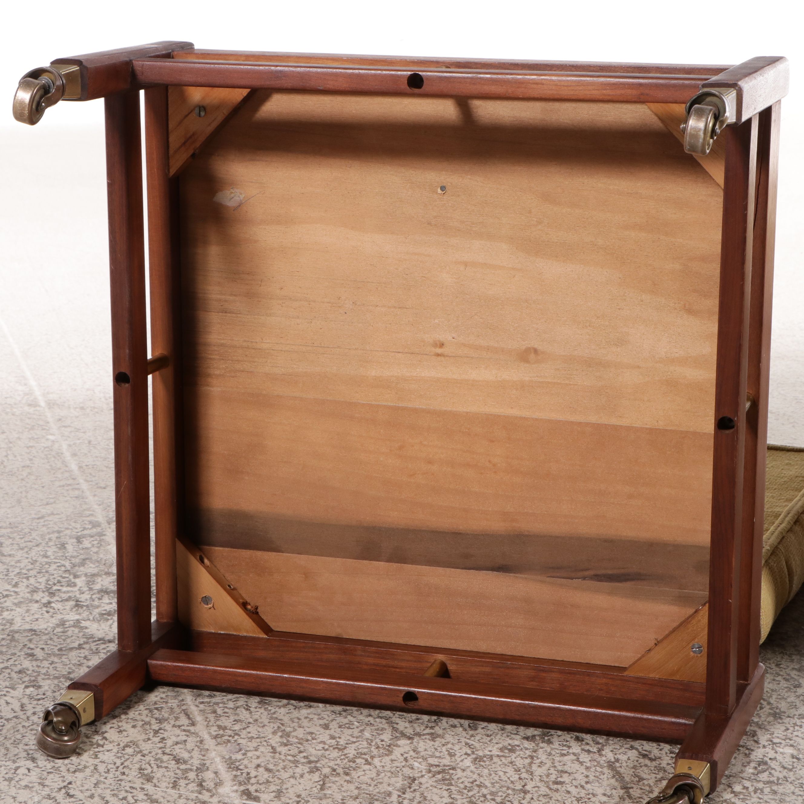 Pair of Mid Century Modern Walnut and Brass Tufted Ottomans