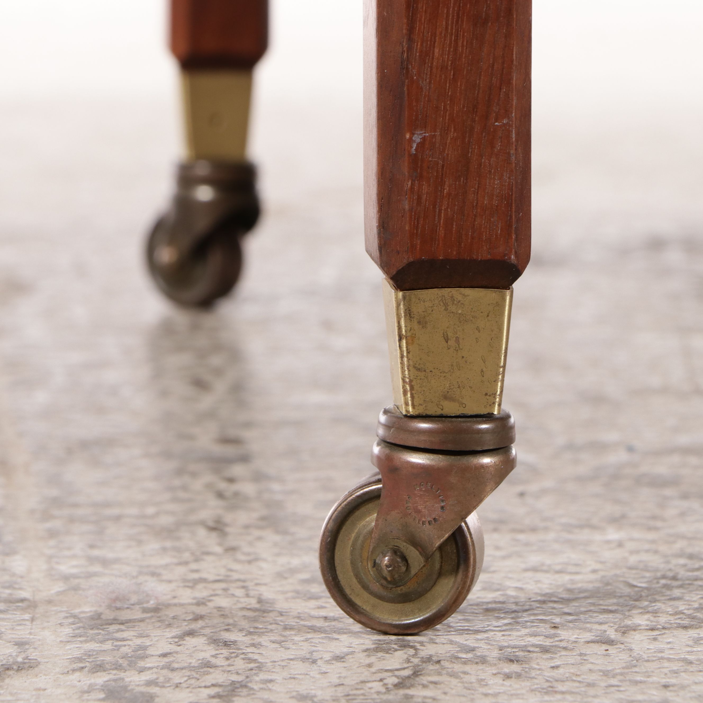 Pair of Mid Century Modern Walnut and Brass Tufted Ottomans