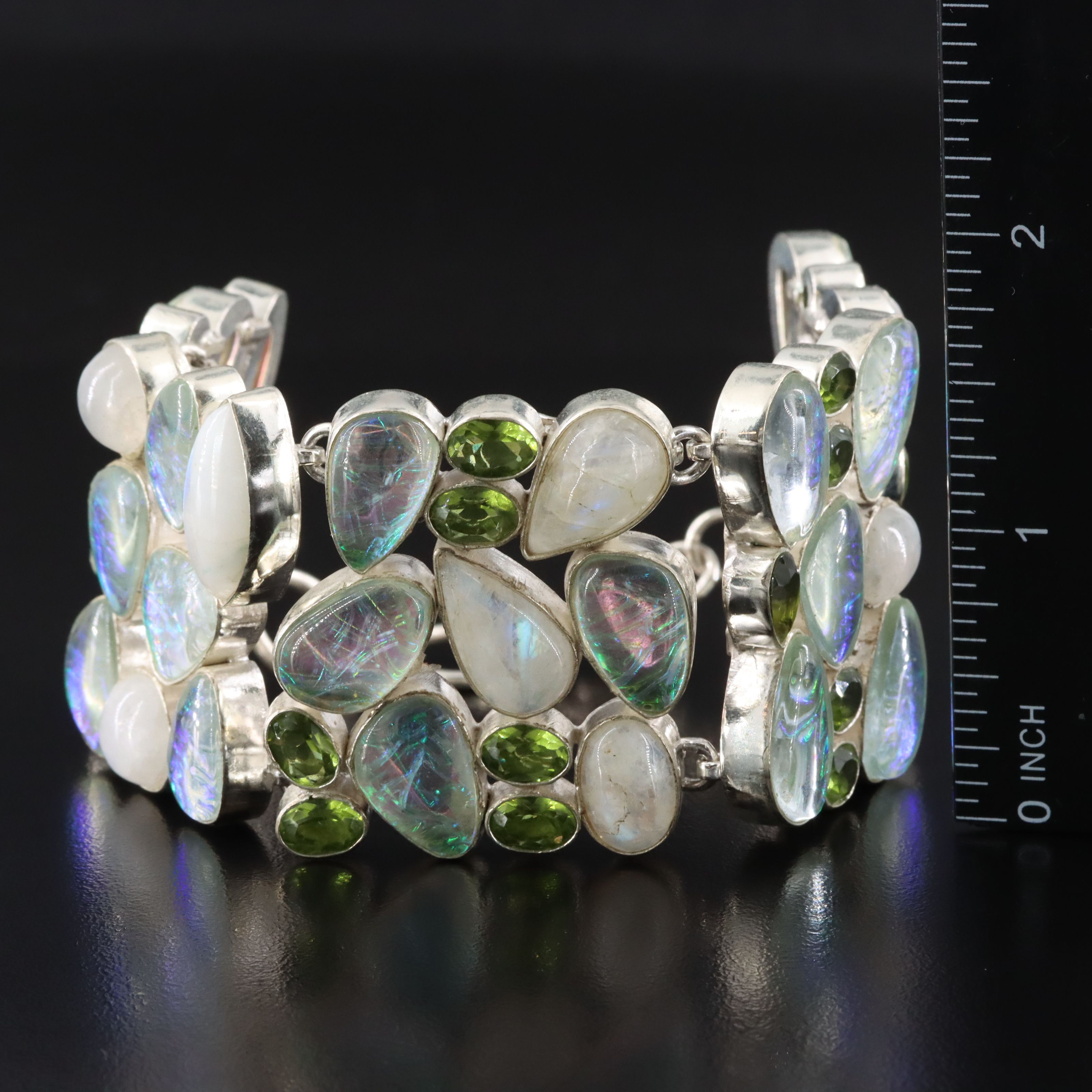 Sterling Rainbow Moonstone and Glass Droplet Panel Bracelet with Foiled Glass