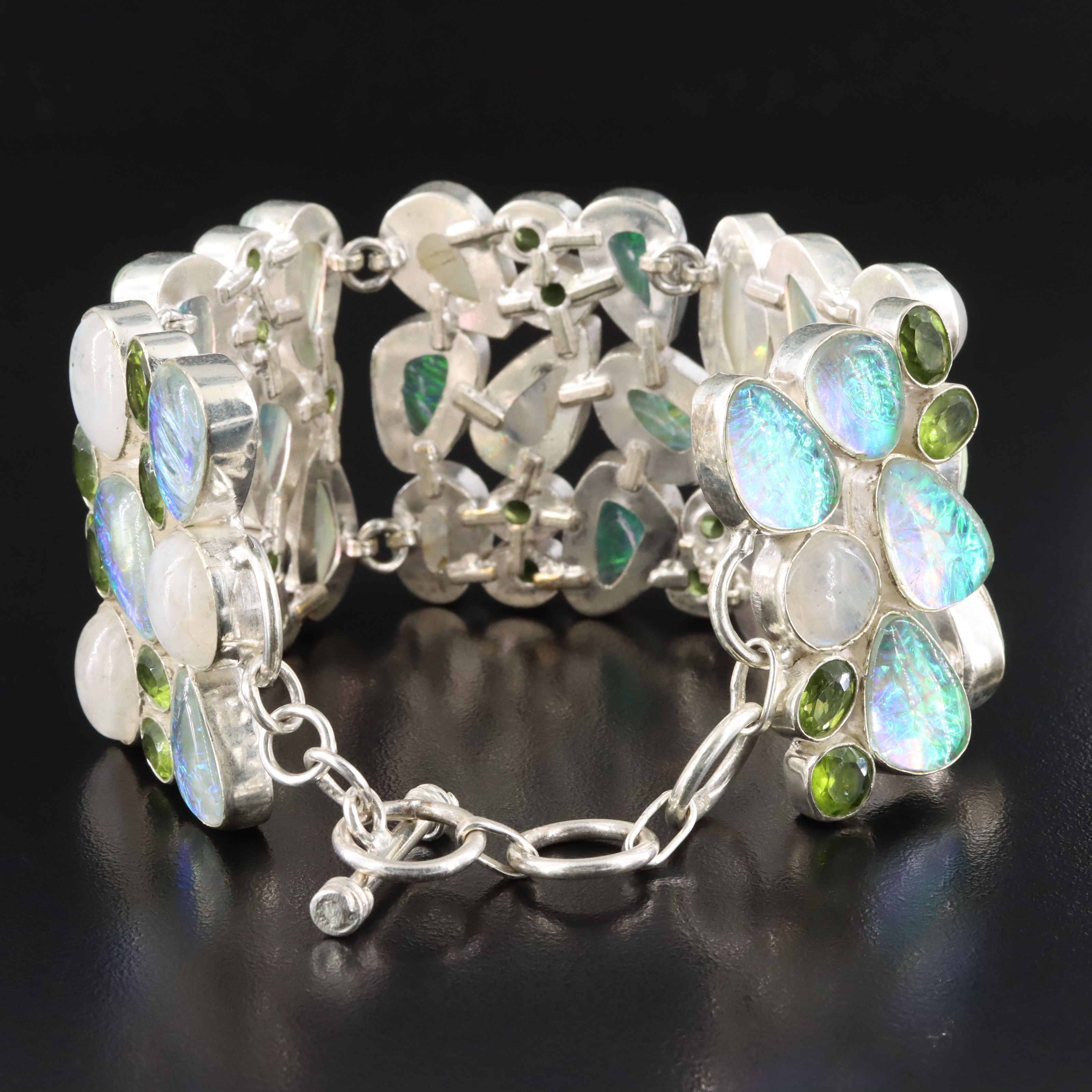 Sterling Rainbow Moonstone and Glass Droplet Panel Bracelet with Foiled Glass
