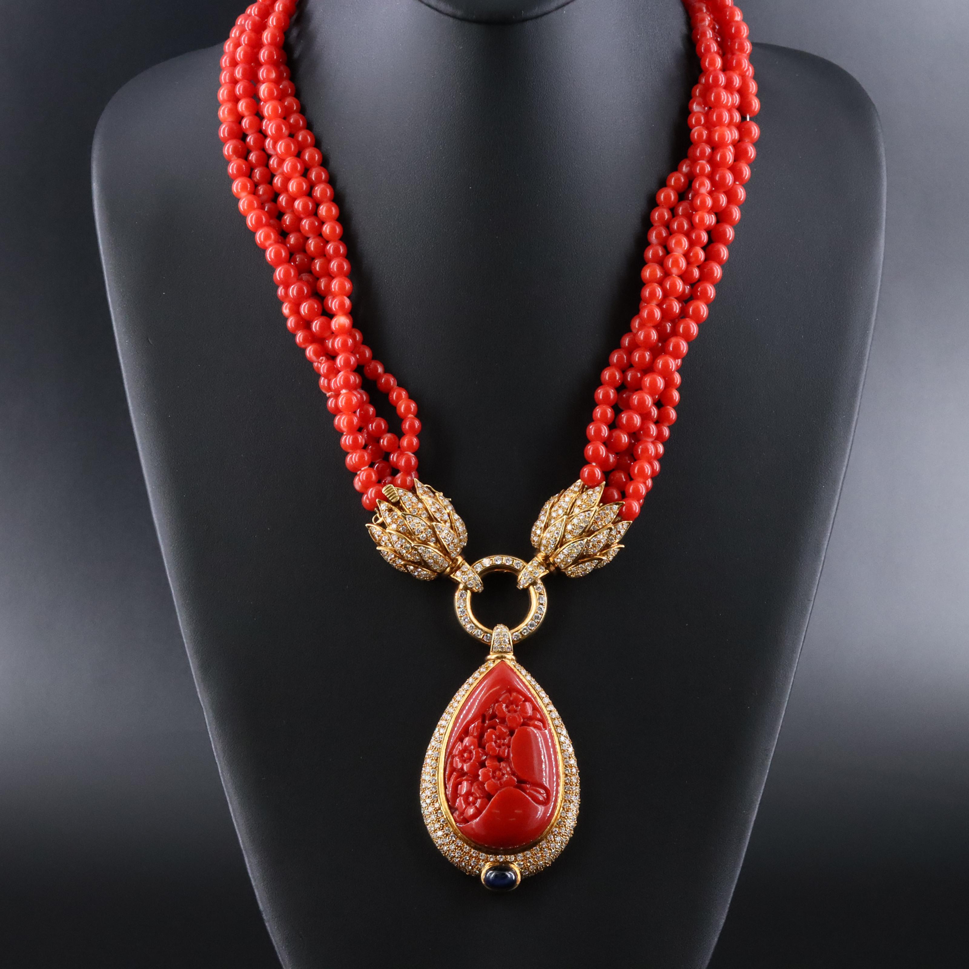 18K Coral, Sapphire, and 6.35 CTW Diamond Sakura Carved Cherry Blossom Necklace