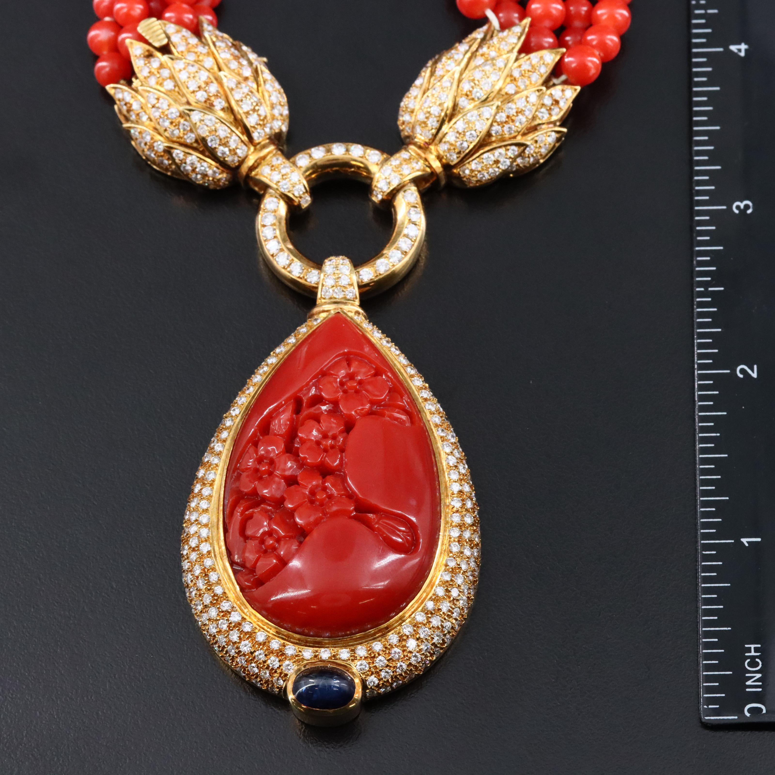 18K Coral, Sapphire, and 6.35 CTW Diamond Sakura Carved Cherry Blossom Necklace