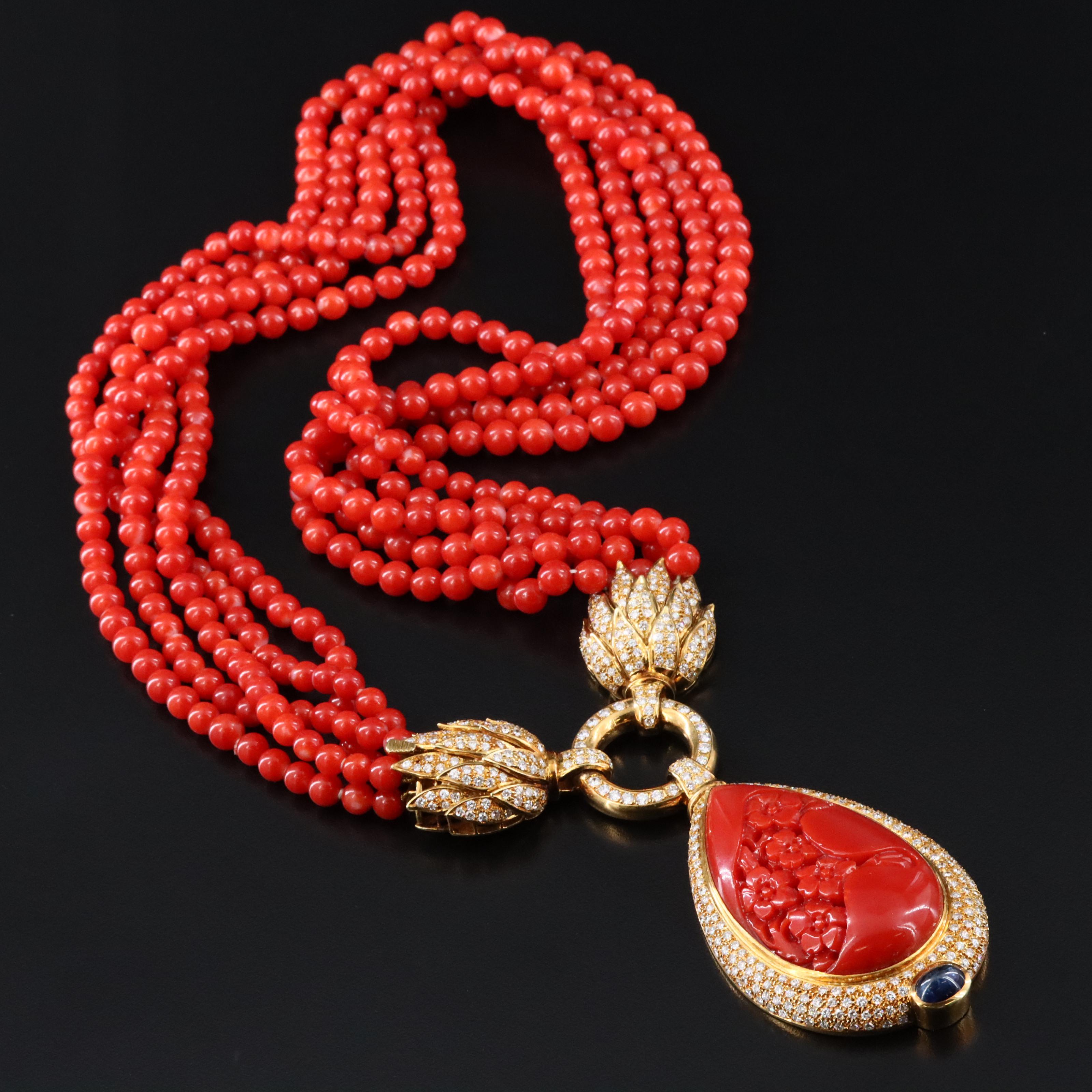 18K Coral, Sapphire, and 6.35 CTW Diamond Sakura Carved Cherry Blossom Necklace