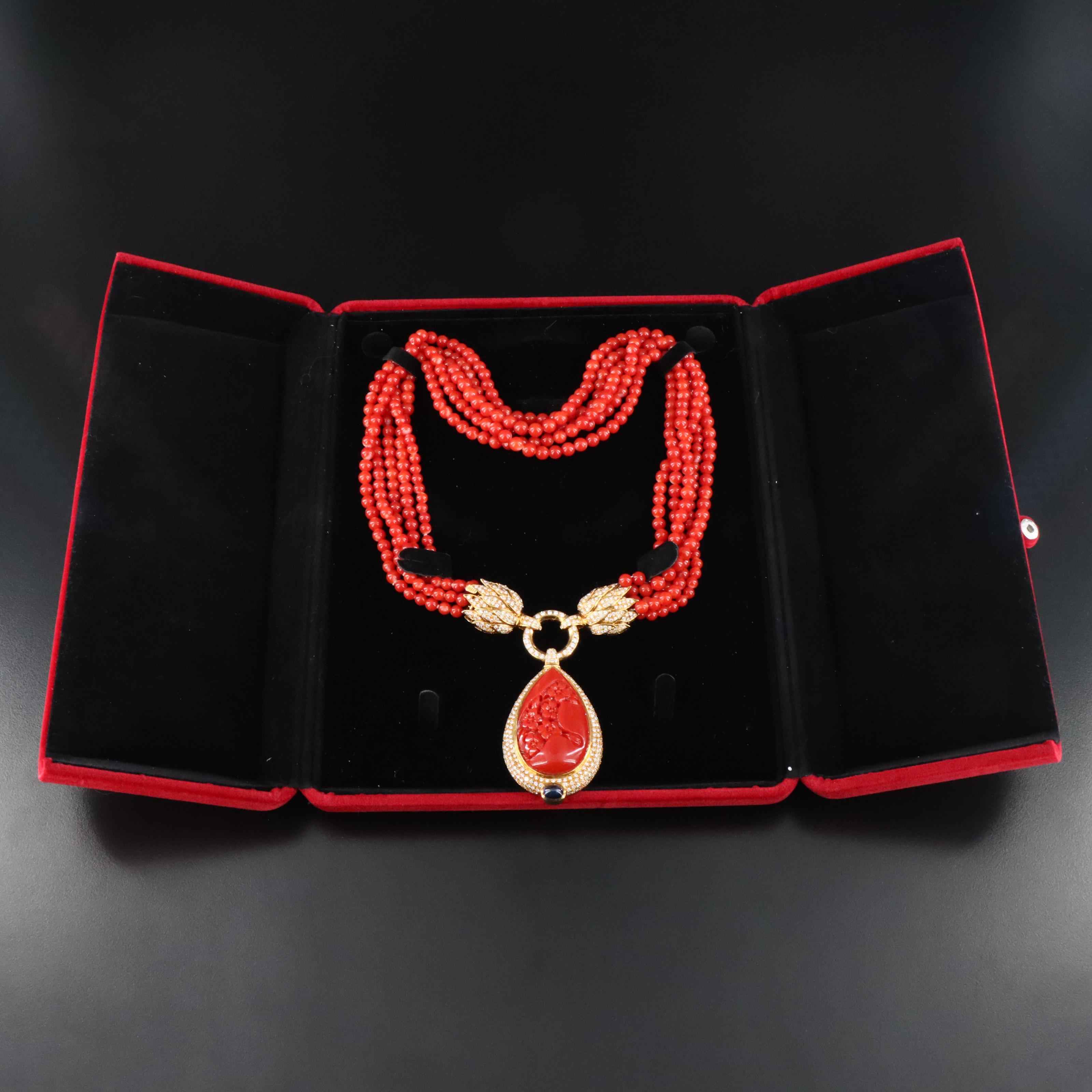 18K Coral, Sapphire, and 6.35 CTW Diamond Sakura Carved Cherry Blossom Necklace