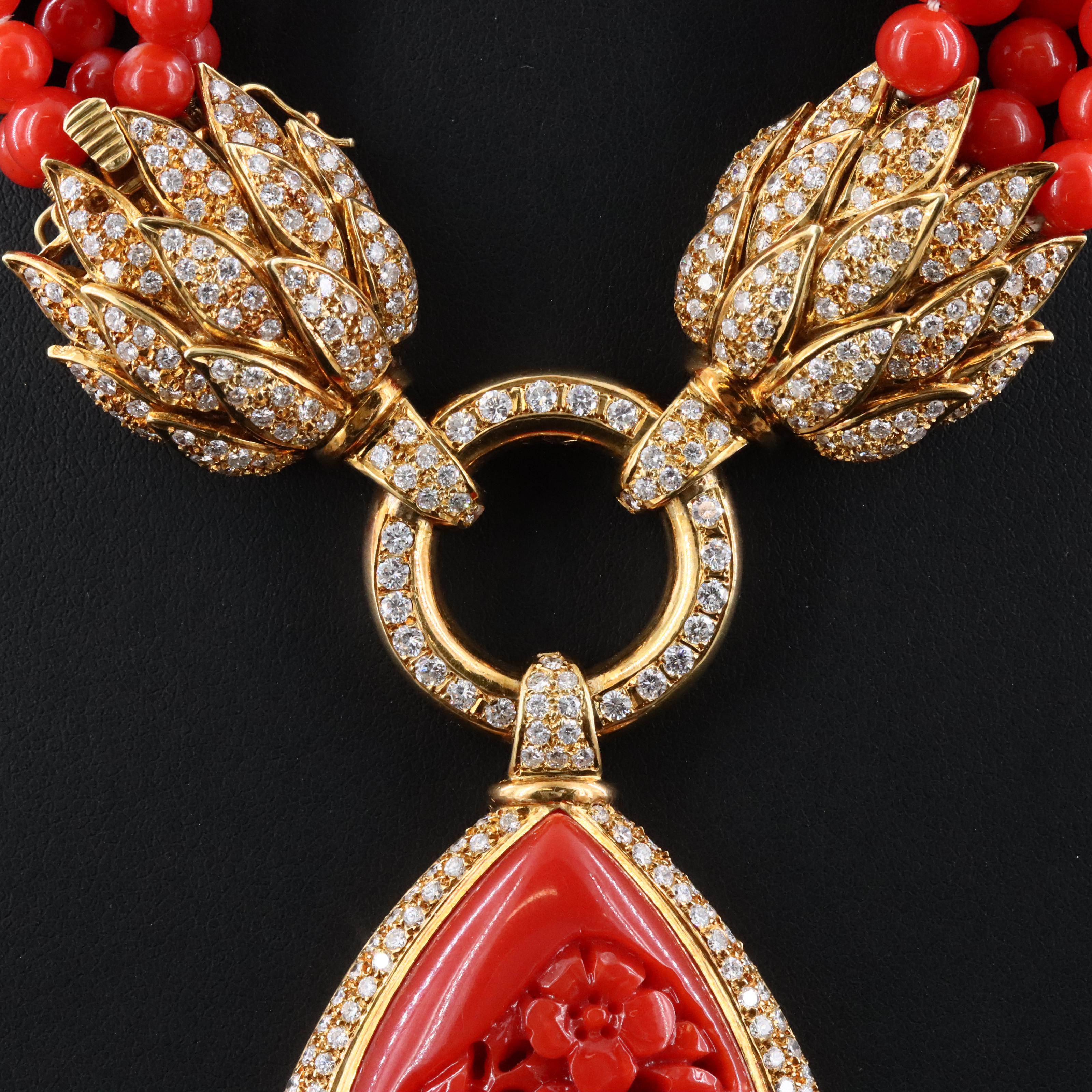 18K Coral, Sapphire, and 6.35 CTW Diamond Sakura Carved Cherry Blossom Necklace