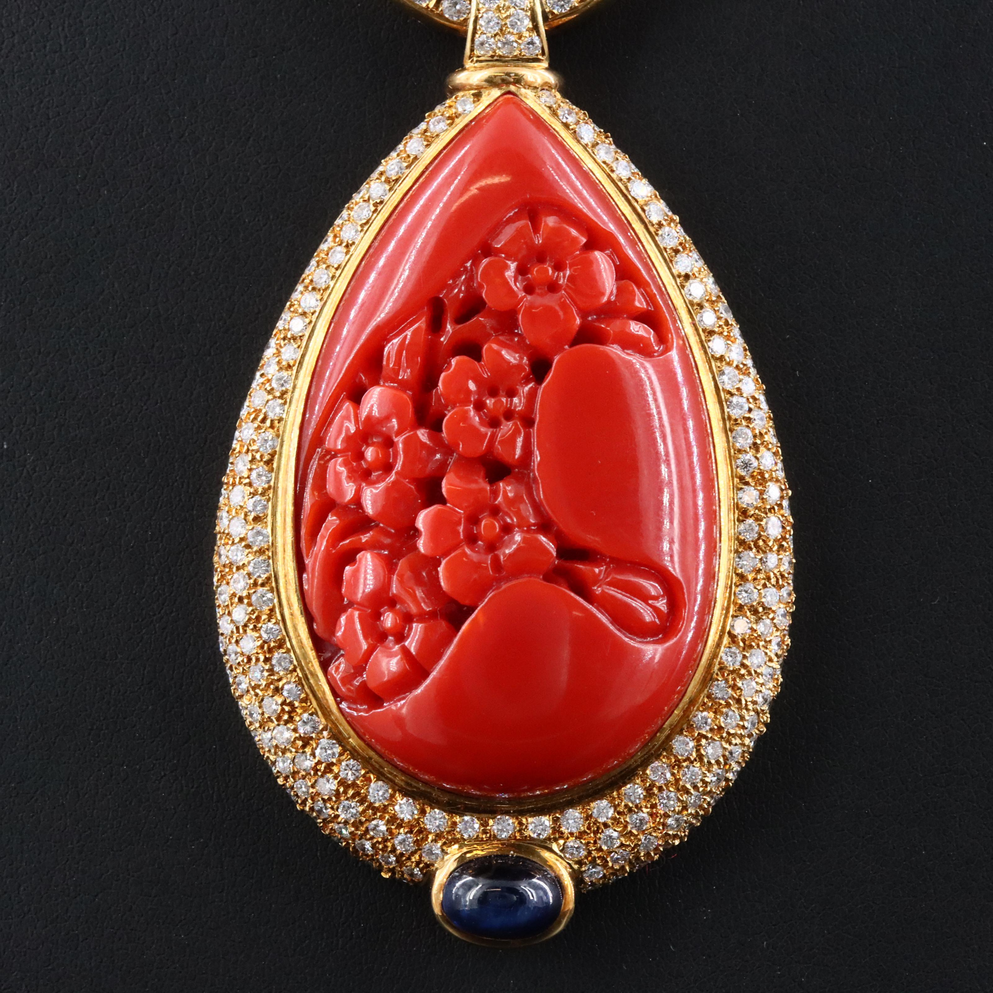 18K Coral, Sapphire, and 6.35 CTW Diamond Sakura Carved Cherry Blossom Necklace
