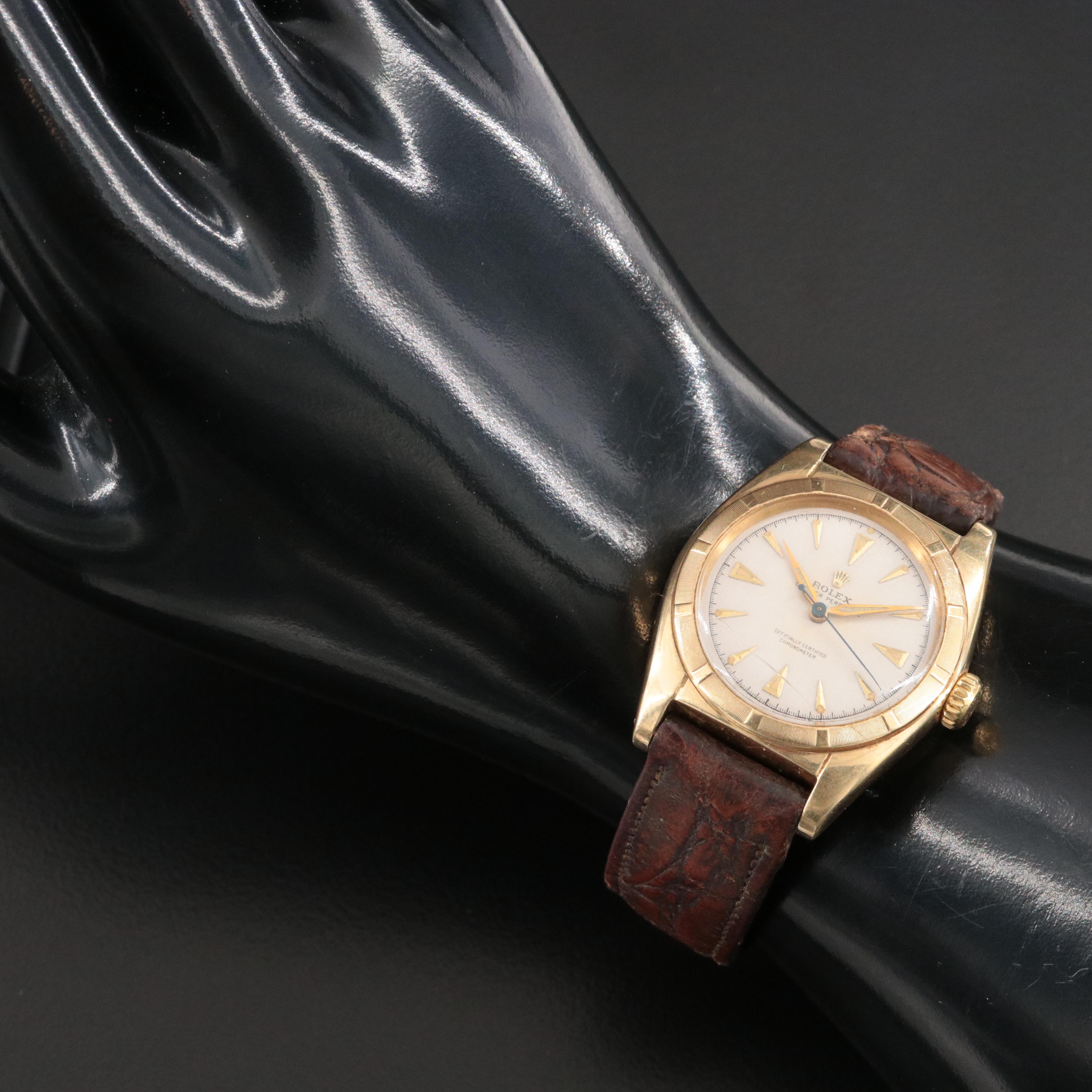 1948 Rolex Oyster Perpetual Bubble Back Engine Turned Bezel Watch