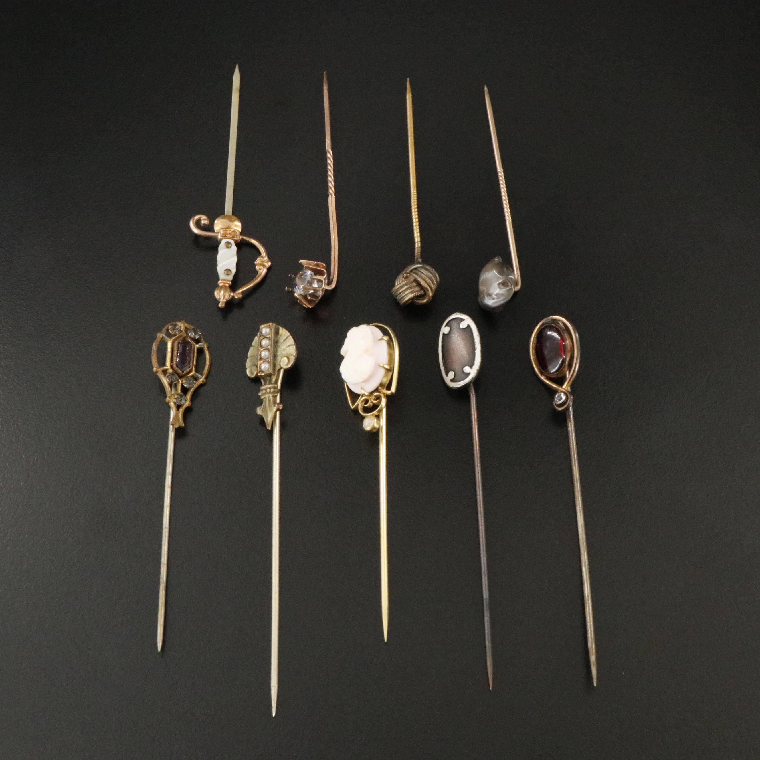 Antique and Vintage Stickpins Including Ford & Perry Co. Inc. & Cameo