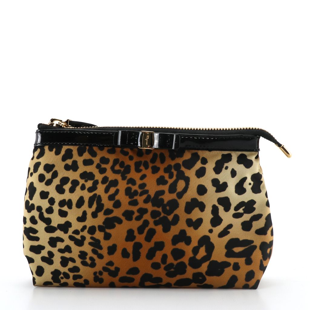 Salvatore Ferragamo Vara Zip Pouch in Leopard Print Fabric/Patent Leather Trim