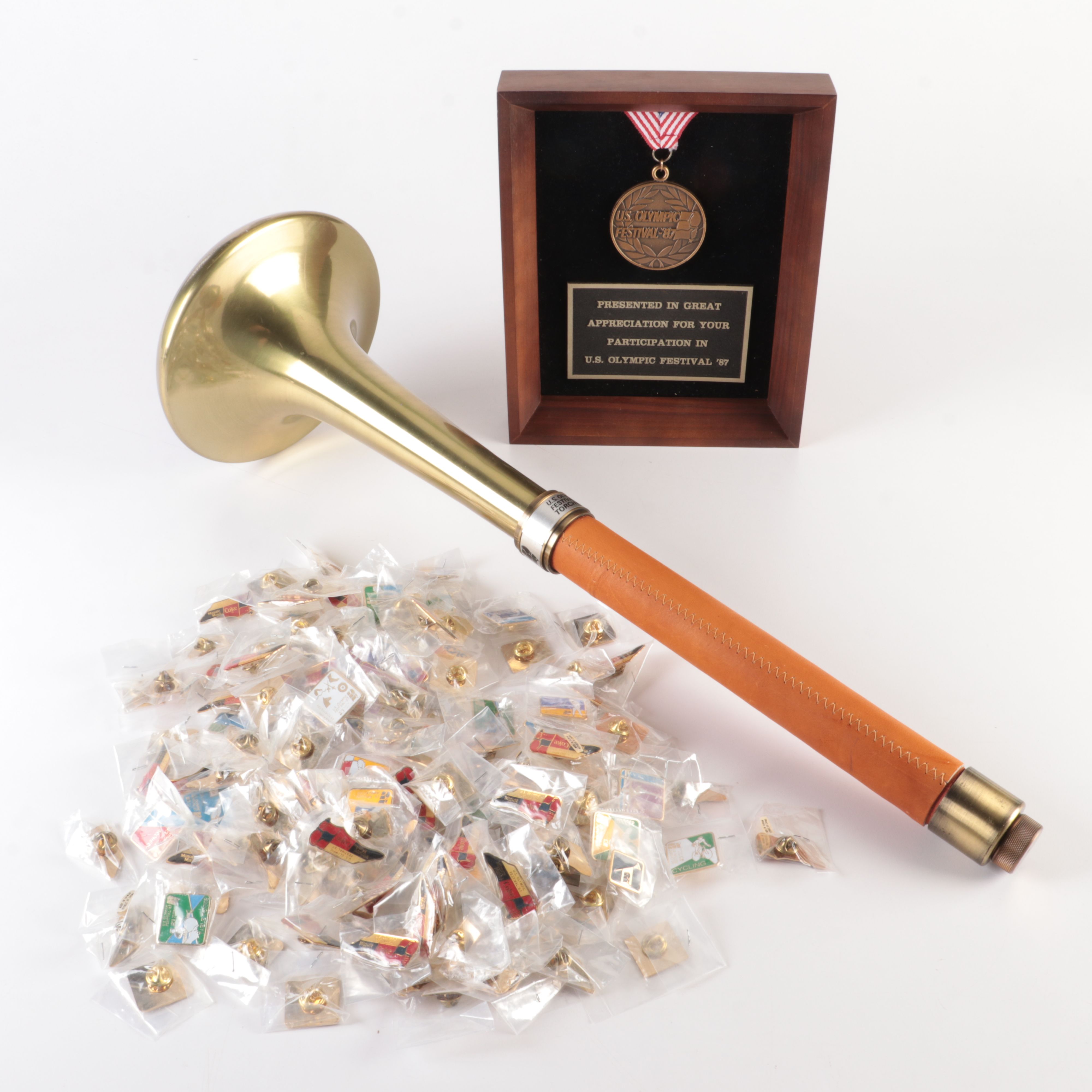 '87 US Olympic Festival Torch Run Torch, Plaque and Lapel Pins