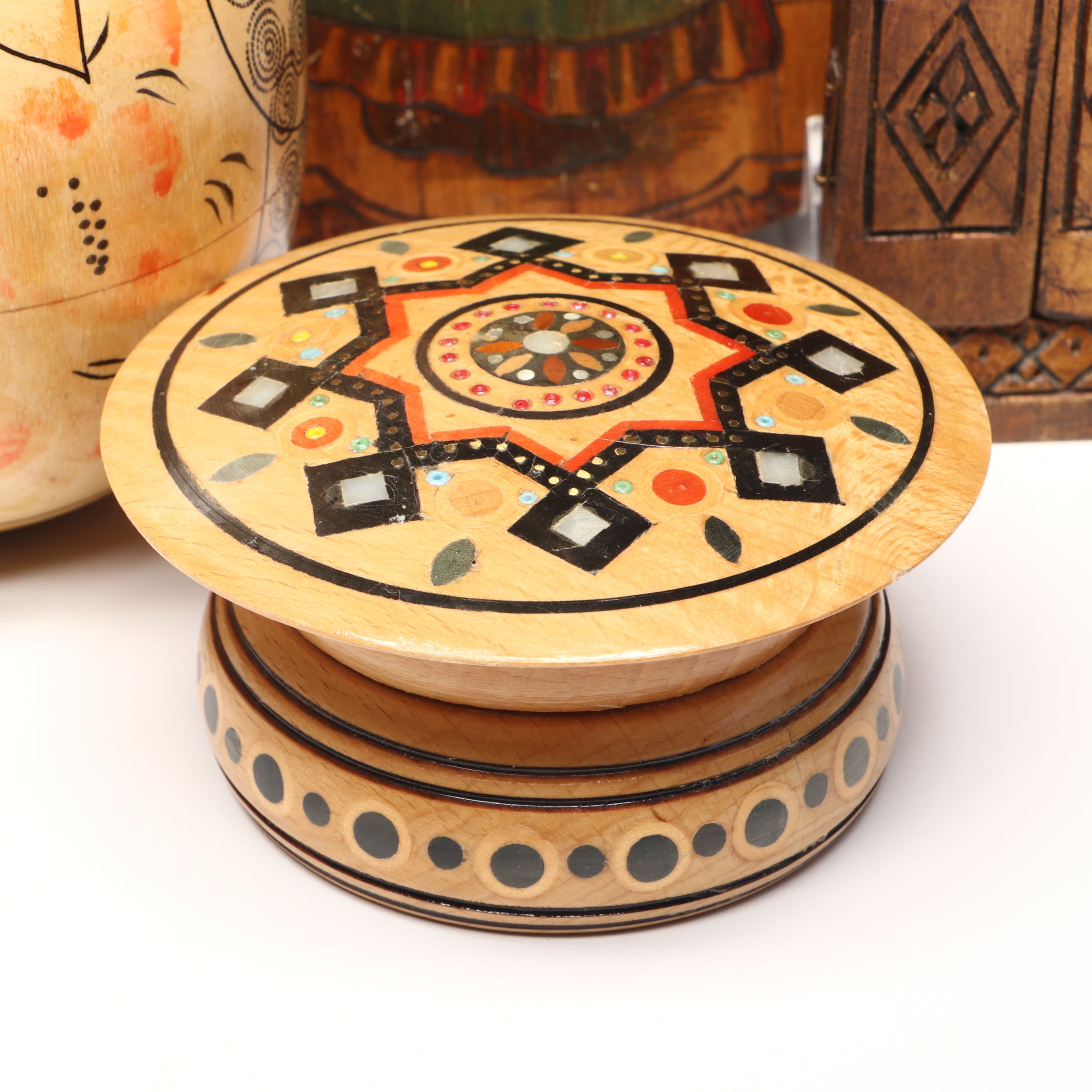 Flemish Folk Art Wood Plaque with Matryoshka Bell and Other Vintage Wood Décor