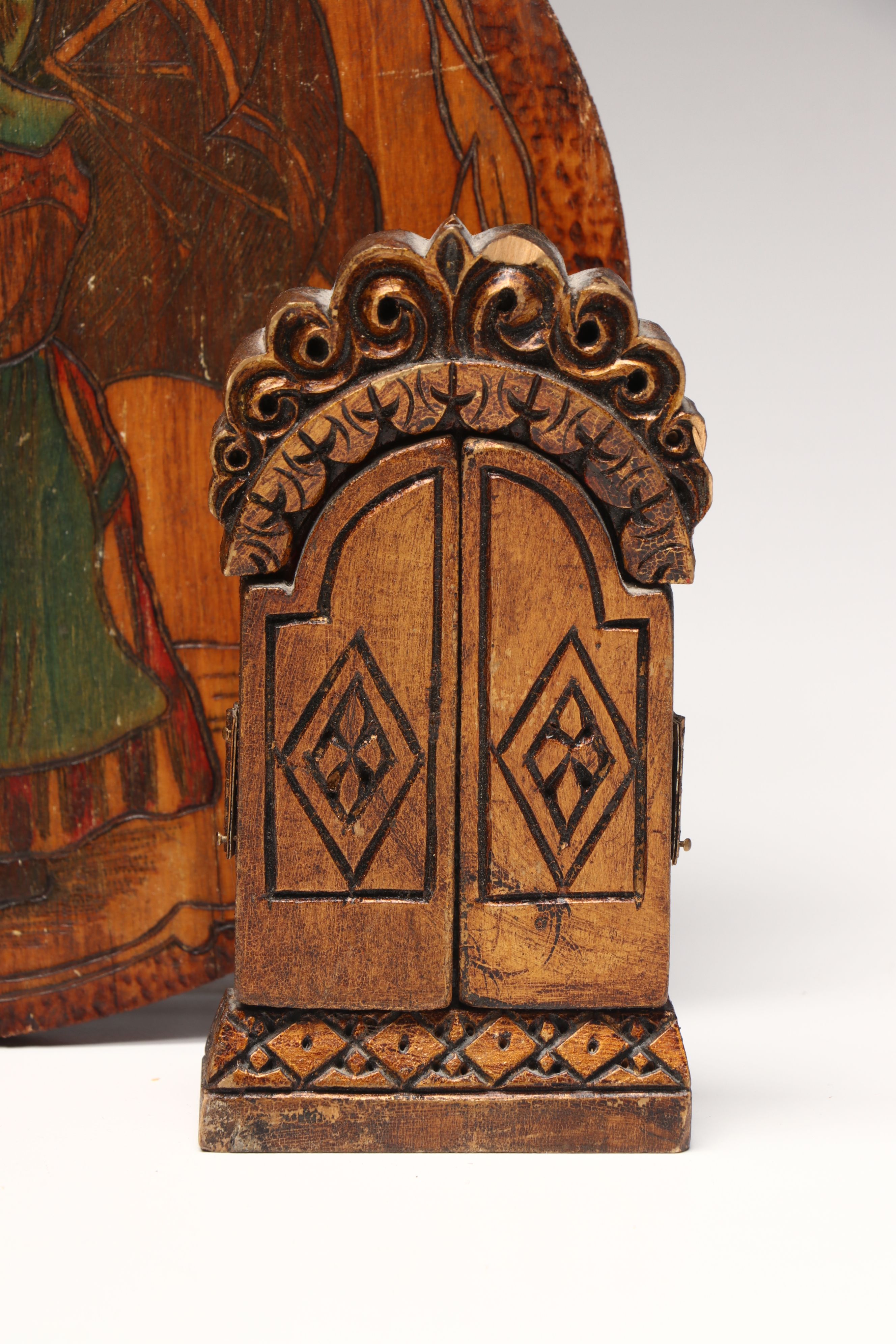 Flemish Folk Art Wood Plaque with Matryoshka Bell and Other Vintage Wood Décor