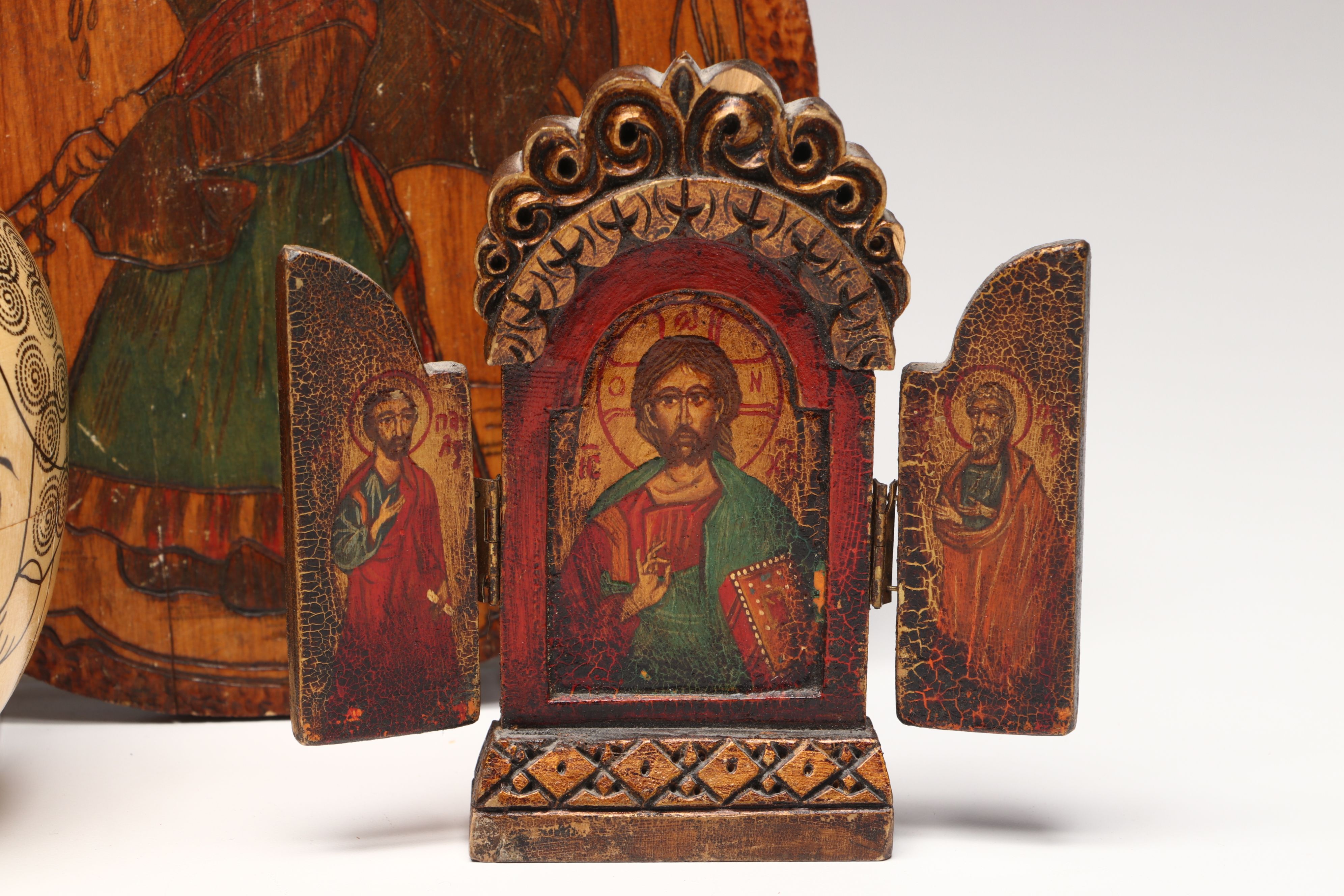 Flemish Folk Art Wood Plaque with Matryoshka Bell and Other Vintage Wood Décor