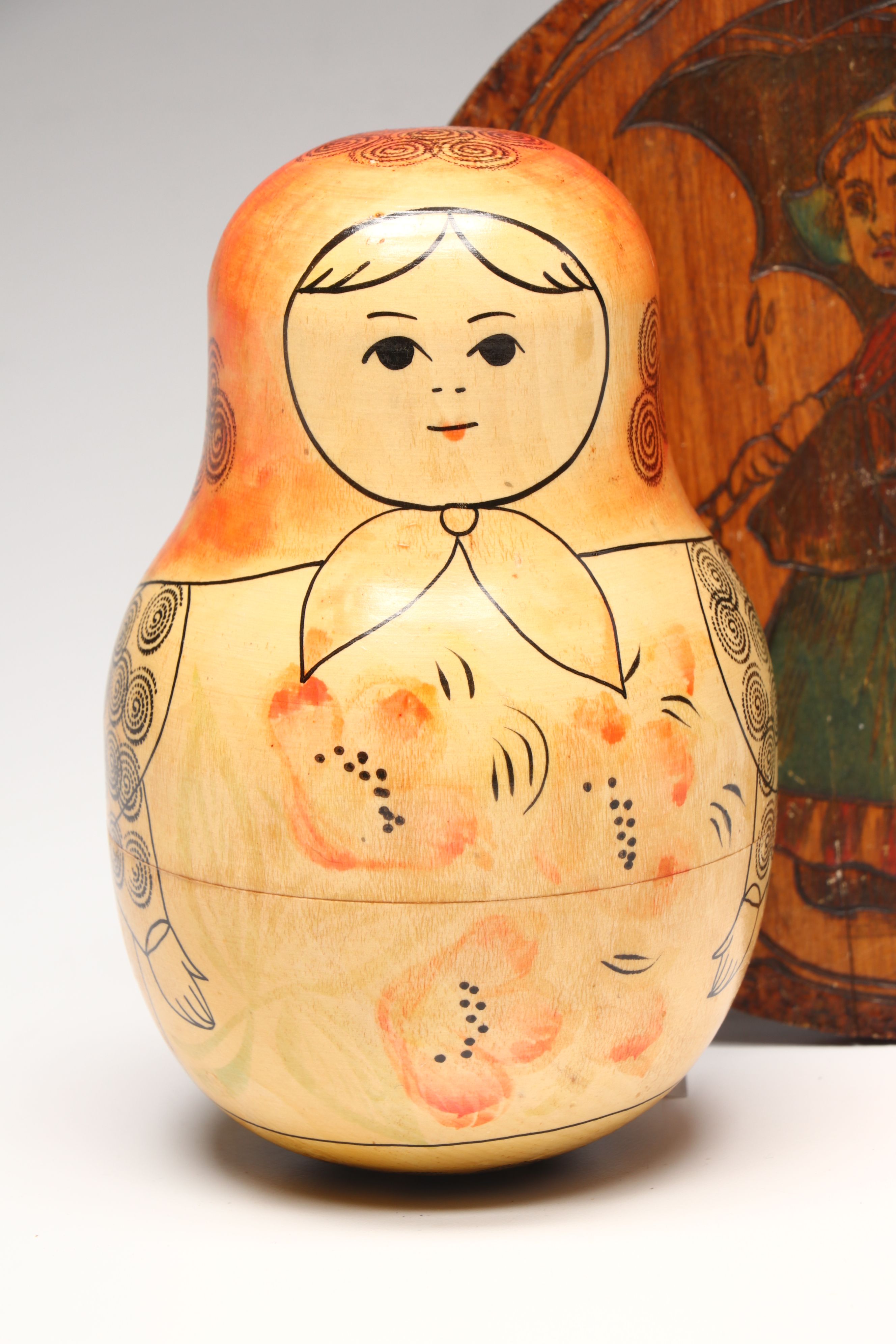 Flemish Folk Art Wood Plaque with Matryoshka Bell and Other Vintage Wood Décor