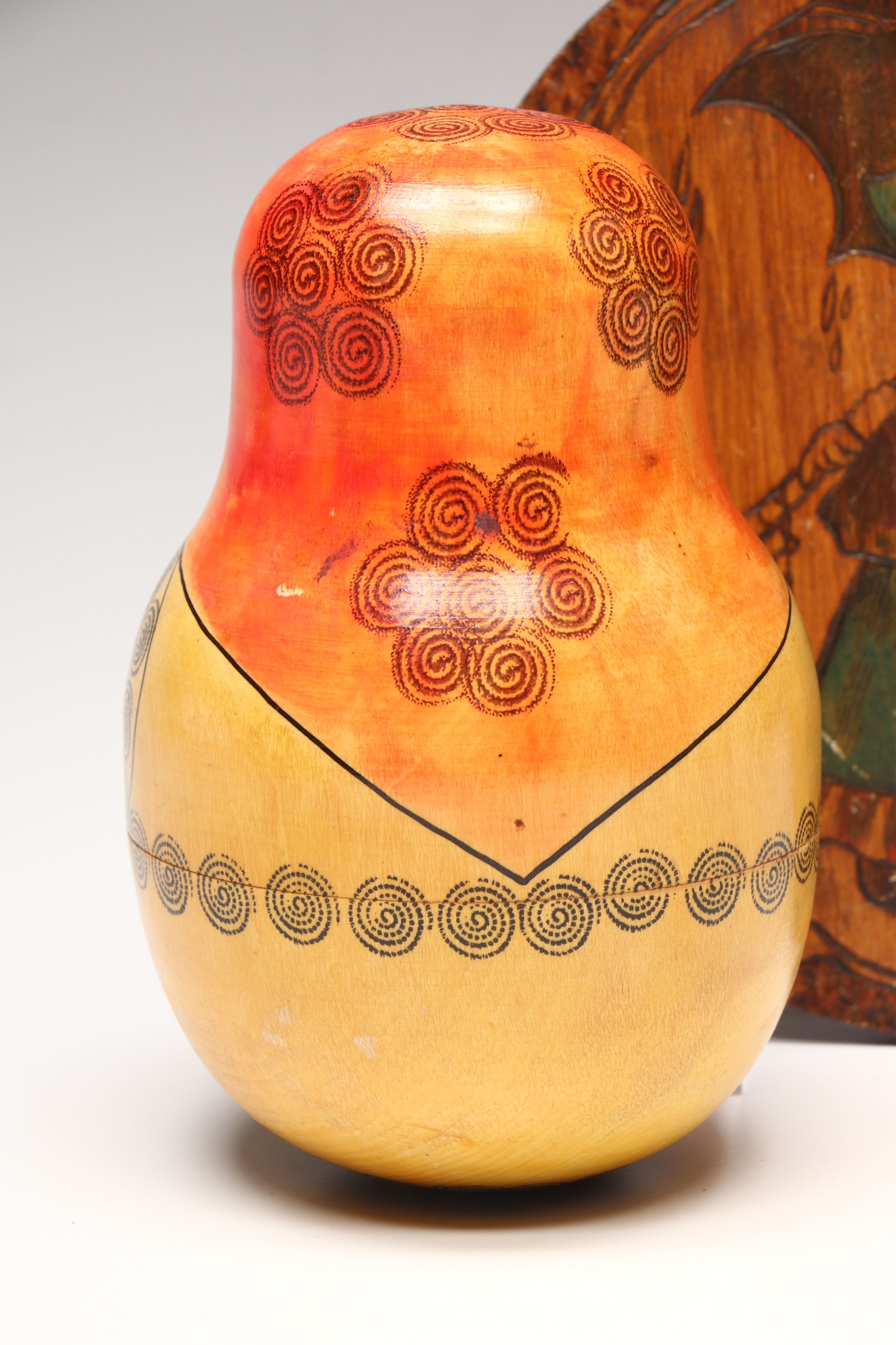 Flemish Folk Art Wood Plaque with Matryoshka Bell and Other Vintage Wood Décor