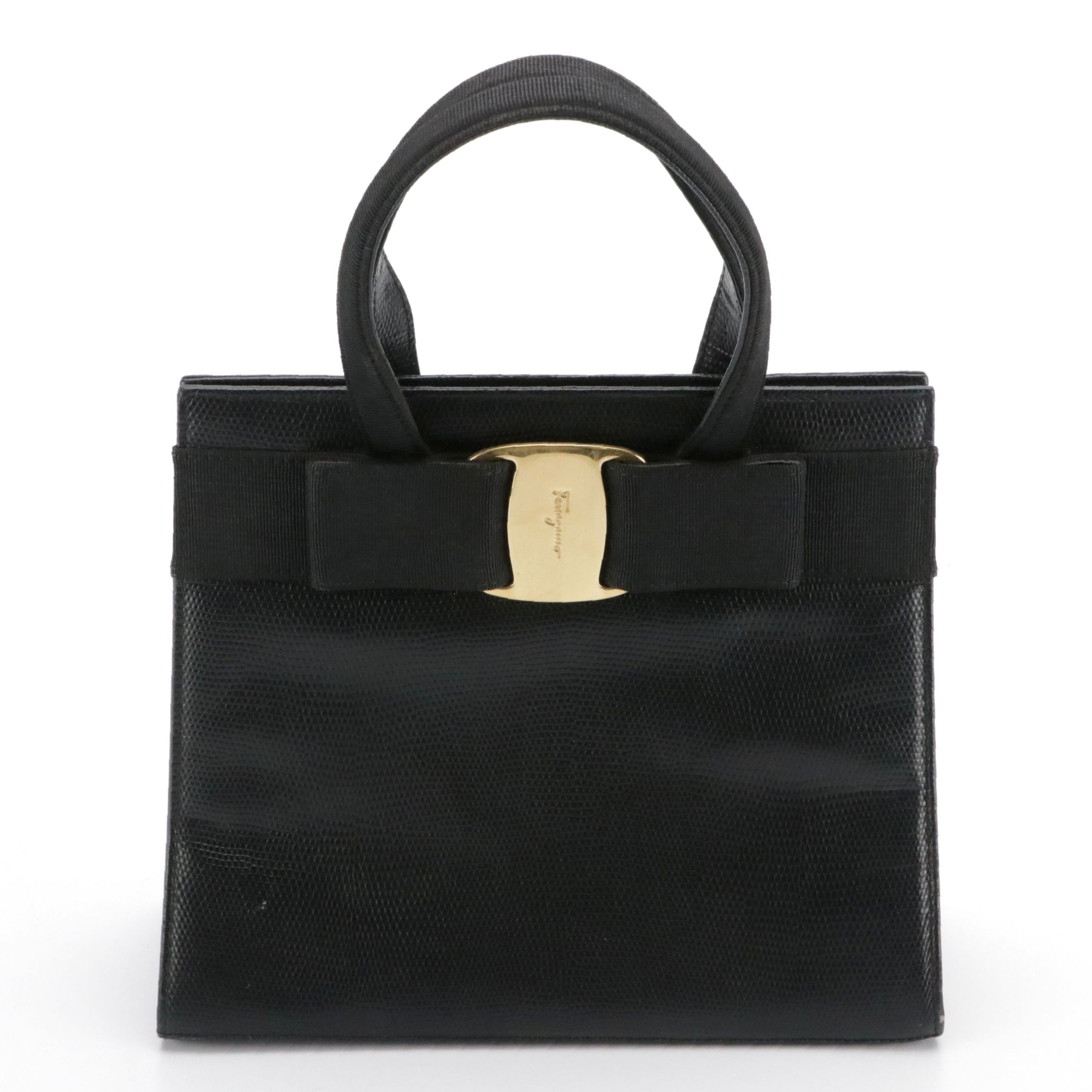 Salvatore Ferragamo Vara Bow Top Handle Bag in Black Lizard Embossed Leather