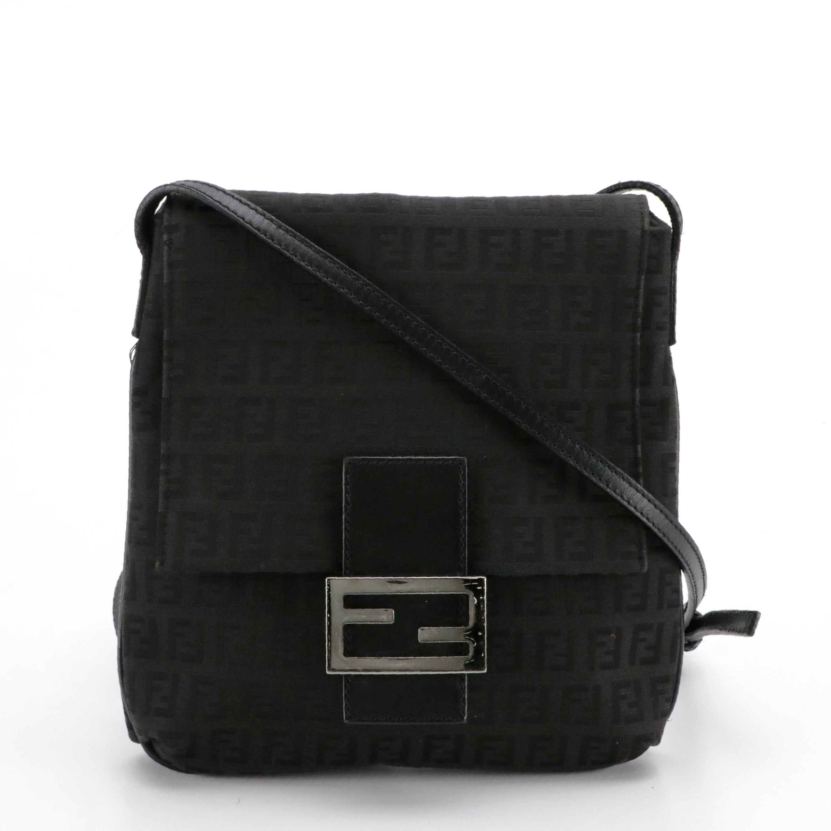 Fendi Front Flap Crossbody Bag in Black Zucchino Canvas and Leather Trim