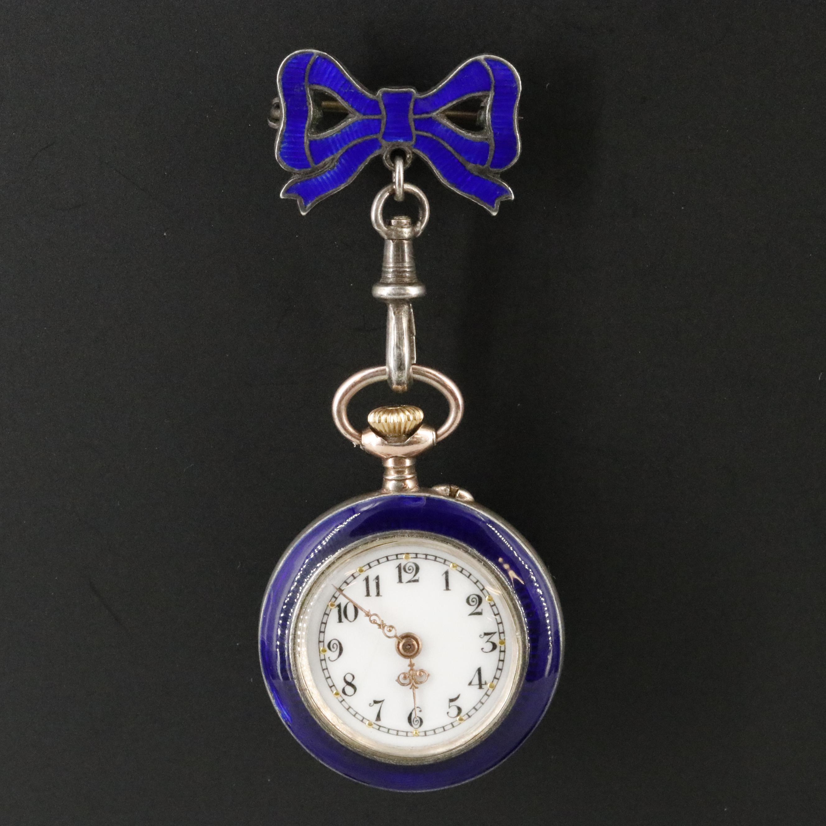 Vintage Dido Swiss 800 Silver and Enamel Pin Set Brooch Watch