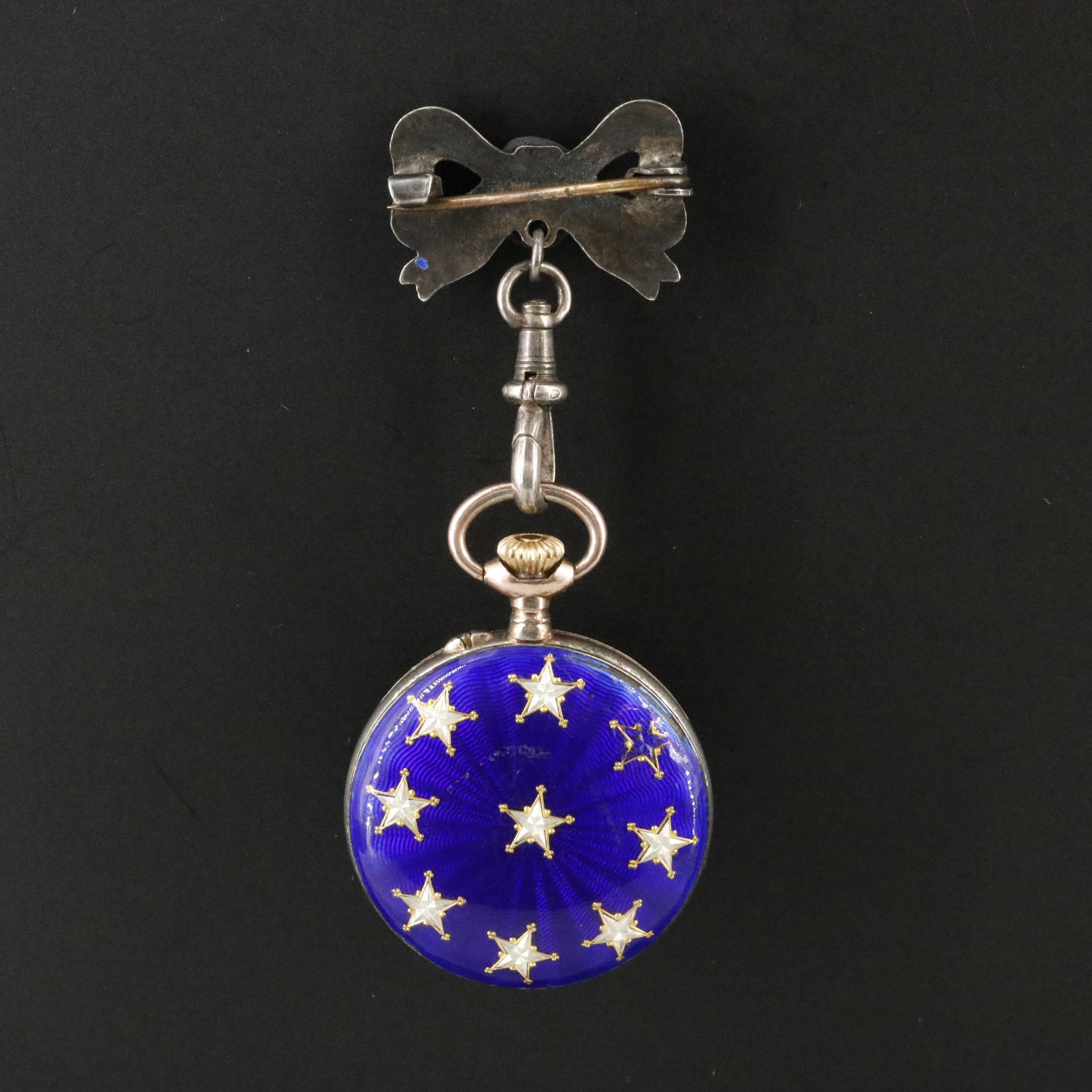 Vintage Dido Swiss 800 Silver and Enamel Pin Set Brooch Watch