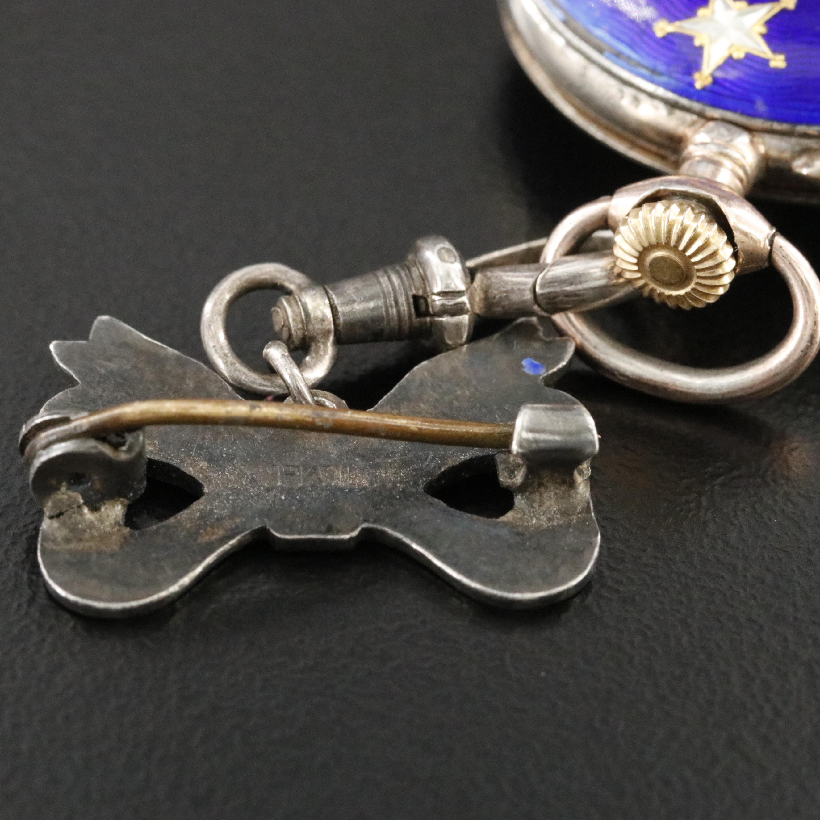 Vintage Dido Swiss 800 Silver and Enamel Pin Set Brooch Watch