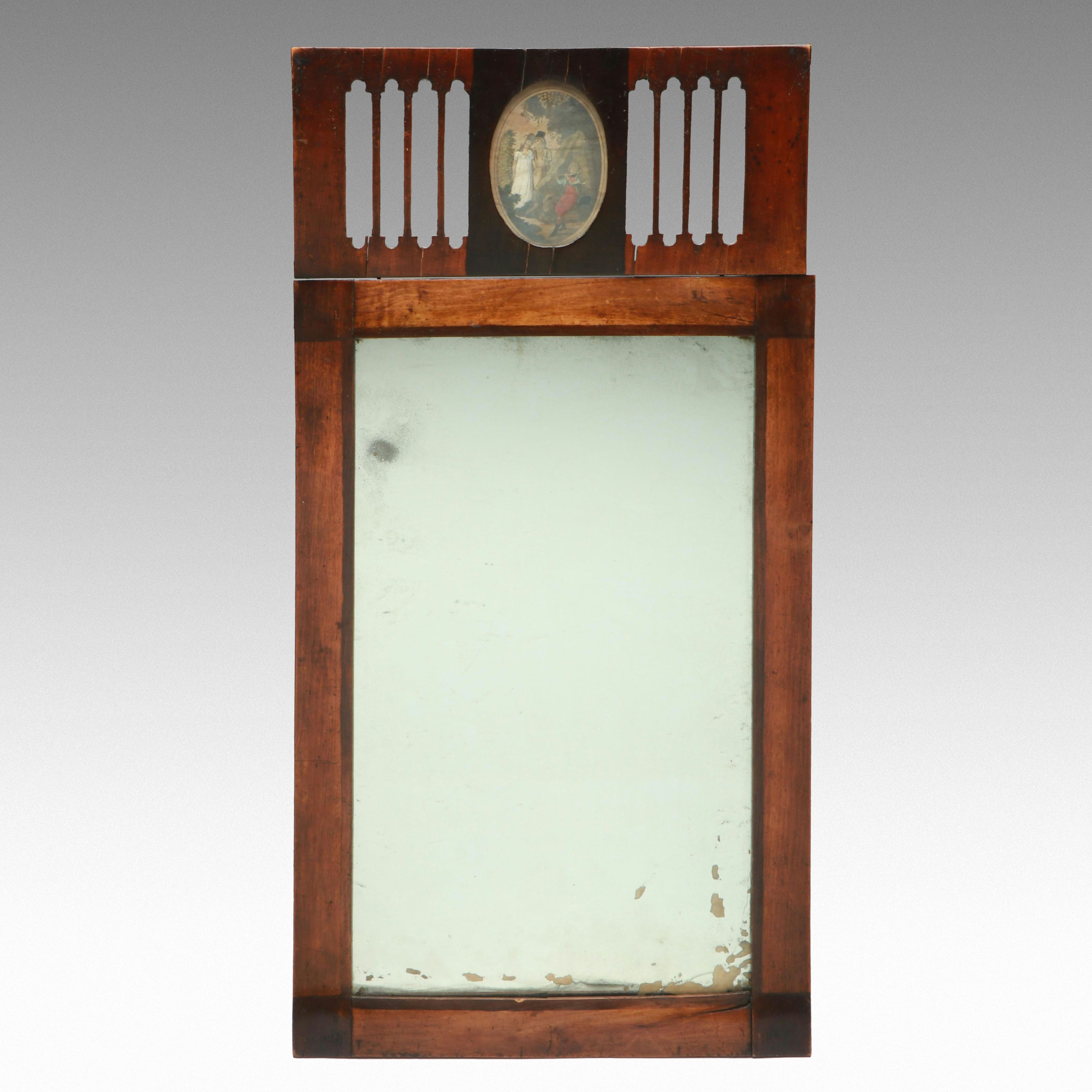 Baltic Biedermeier Wall Mirror with Hand-Tinted Courting Couple Engraved Insert