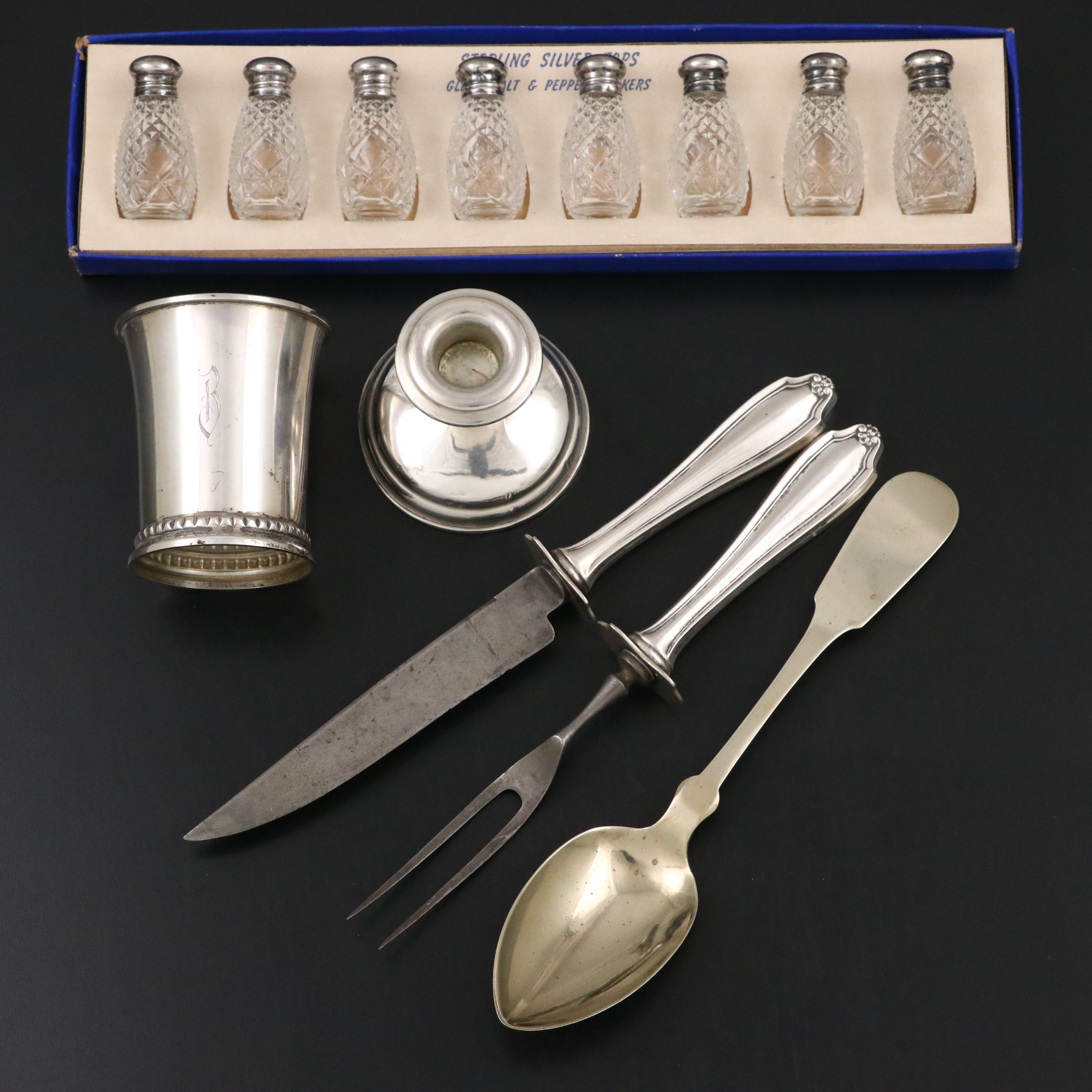 Sterling Silver Cup, Sterling Hand Carving Set, and More Sterling Tableware