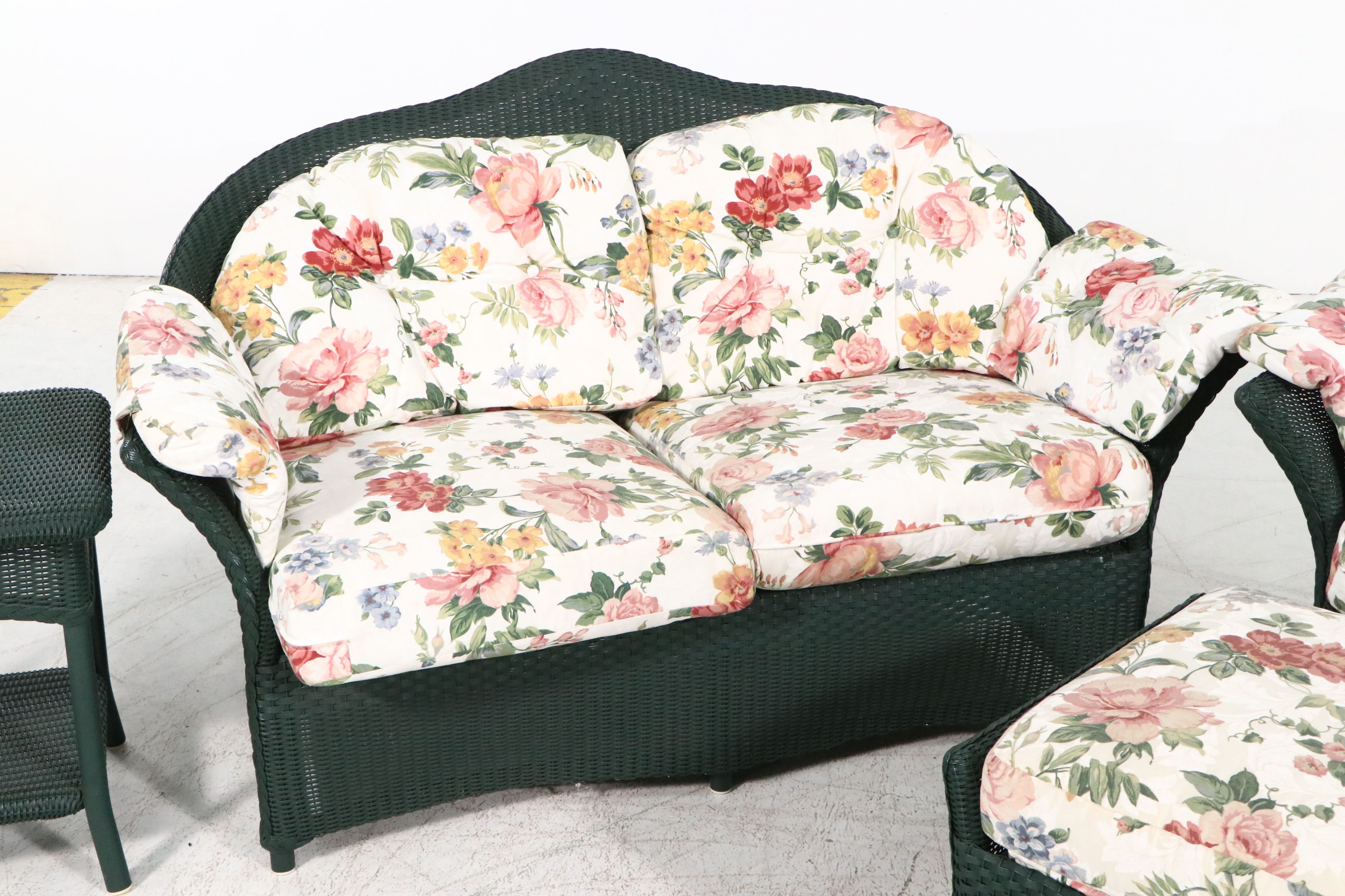 Hunter Green Wicker Patio Set with Loveseat, Armchair, Ottoman and Side Table