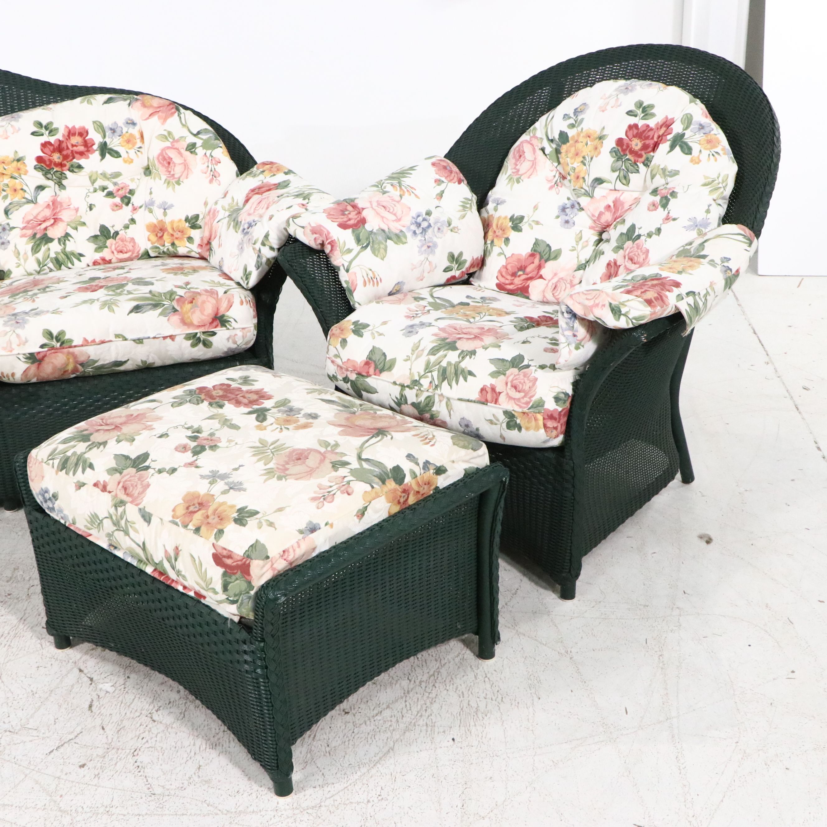 Hunter Green Wicker Patio Set with Loveseat, Armchair, Ottoman and Side Table
