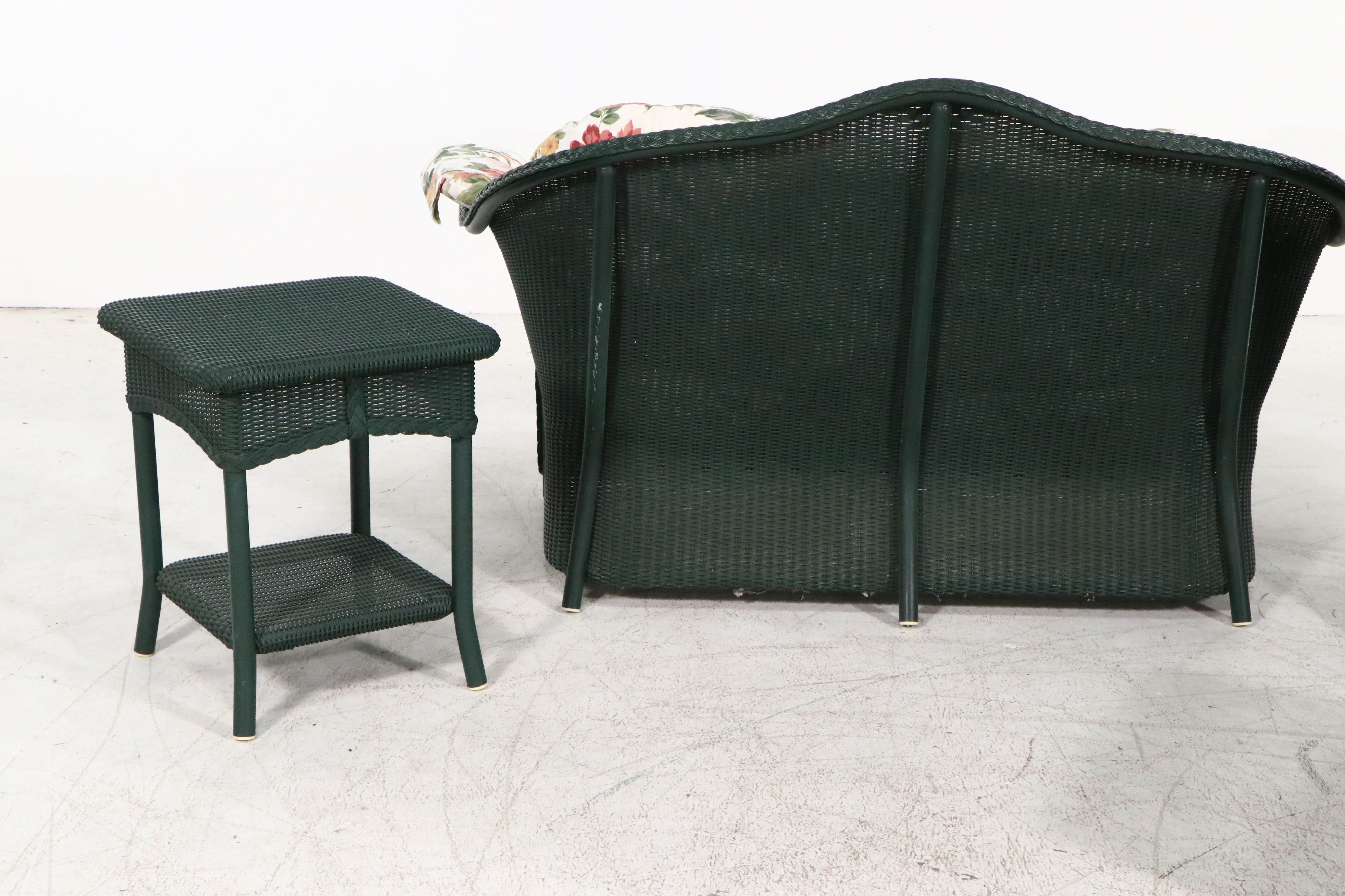 Hunter Green Wicker Patio Set with Loveseat, Armchair, Ottoman and Side Table