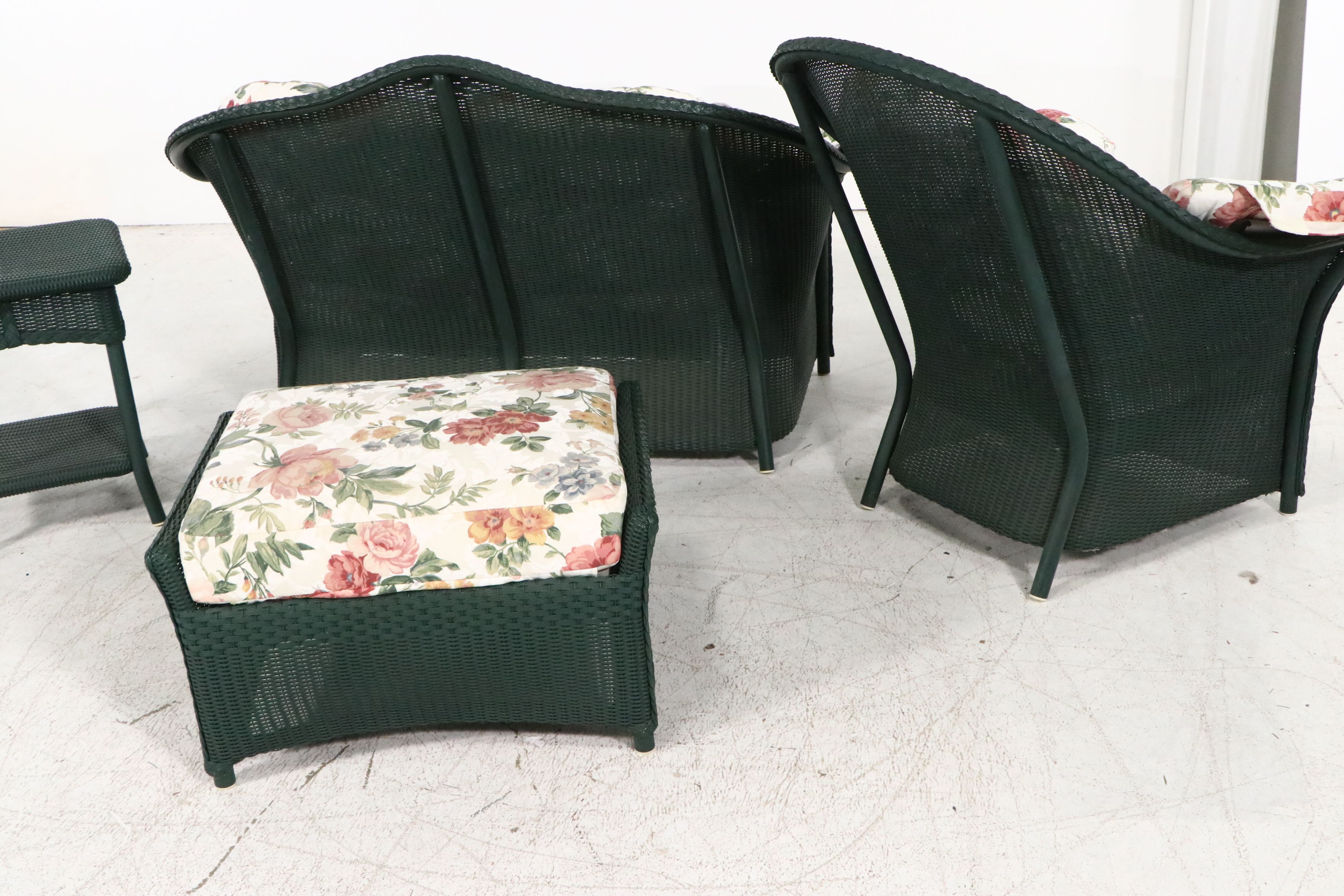 Hunter Green Wicker Patio Set with Loveseat, Armchair, Ottoman and Side Table