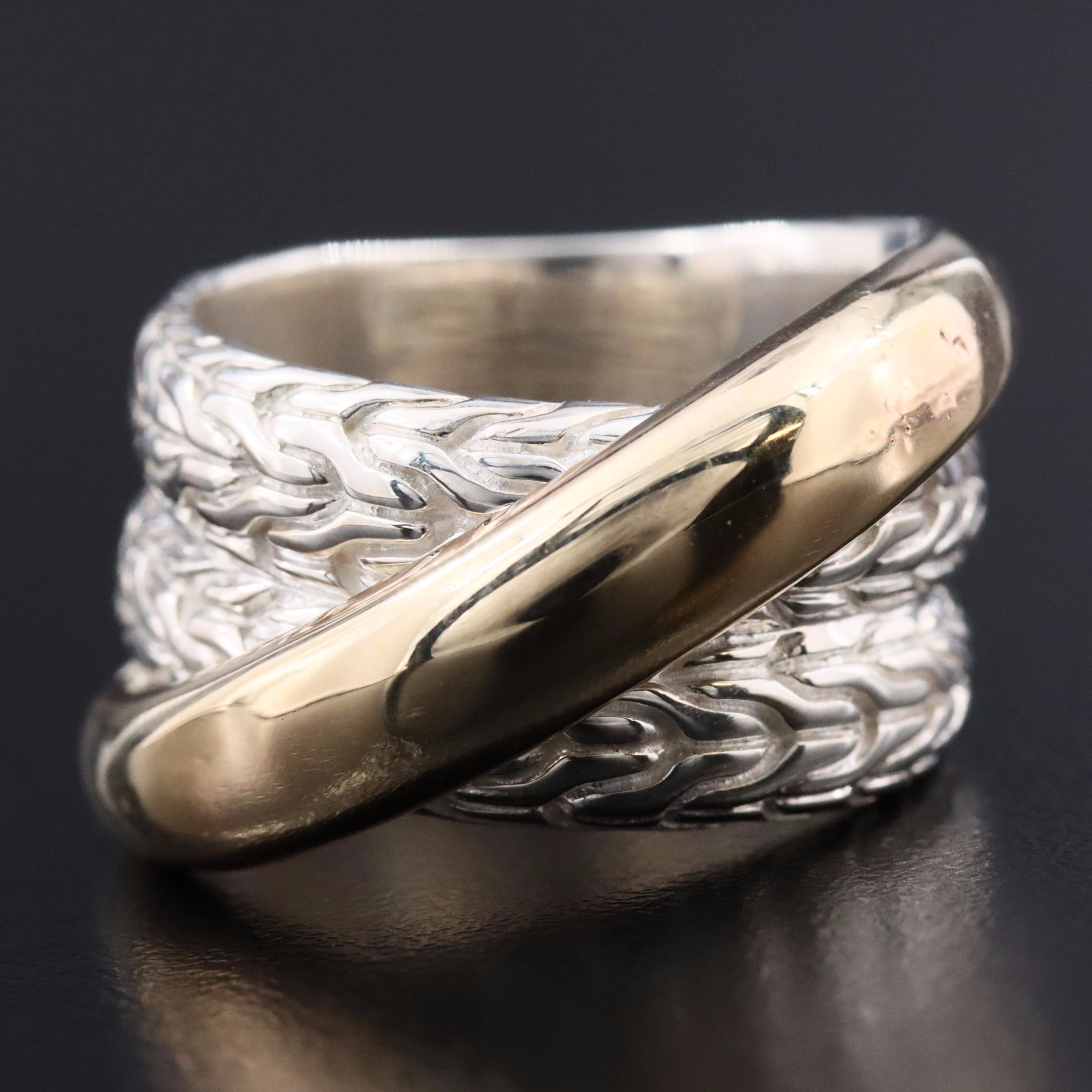 John Hardy JH Essential Sterling and 14K Crossover Chain Ring