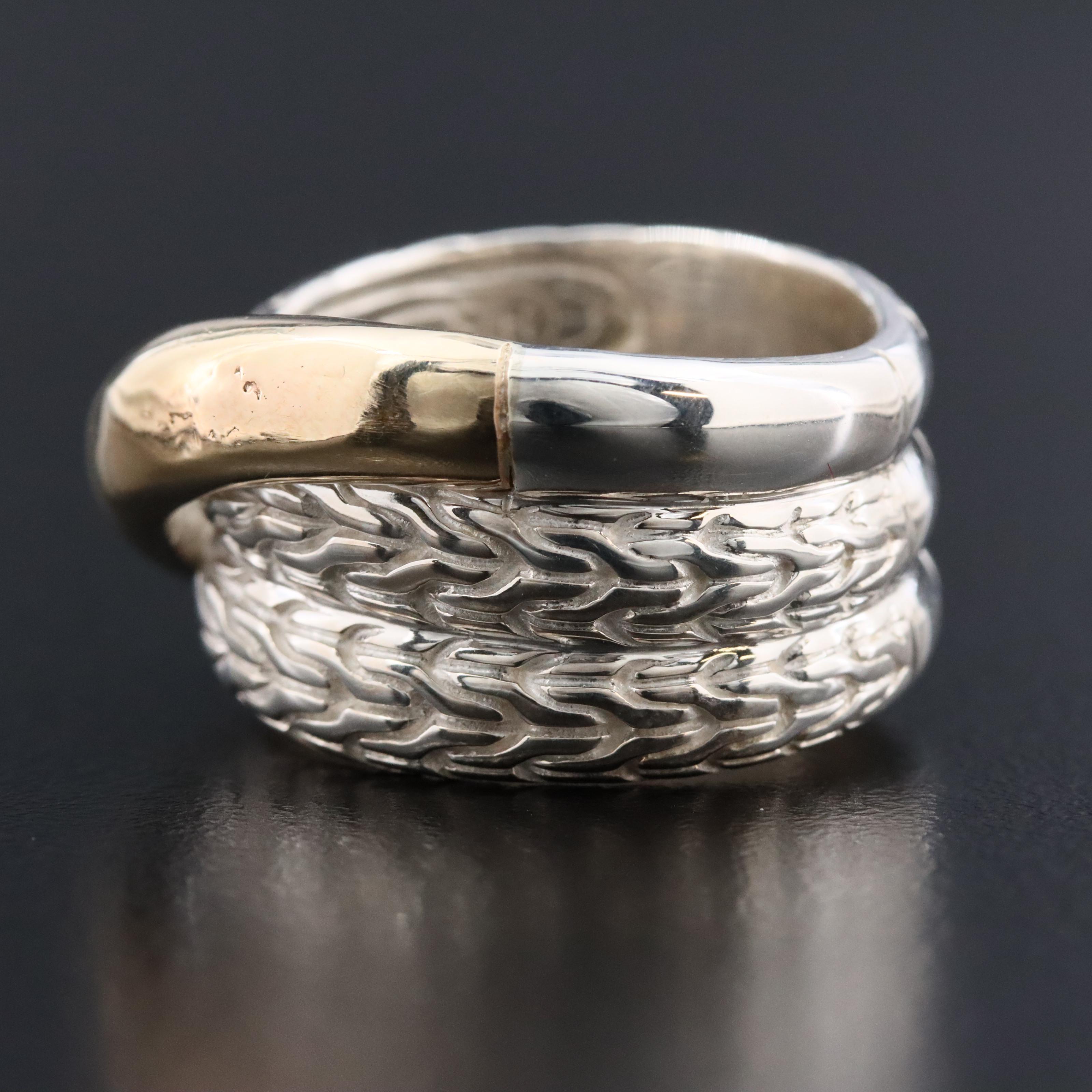 John Hardy JH Essential Sterling and 14K Crossover Chain Ring