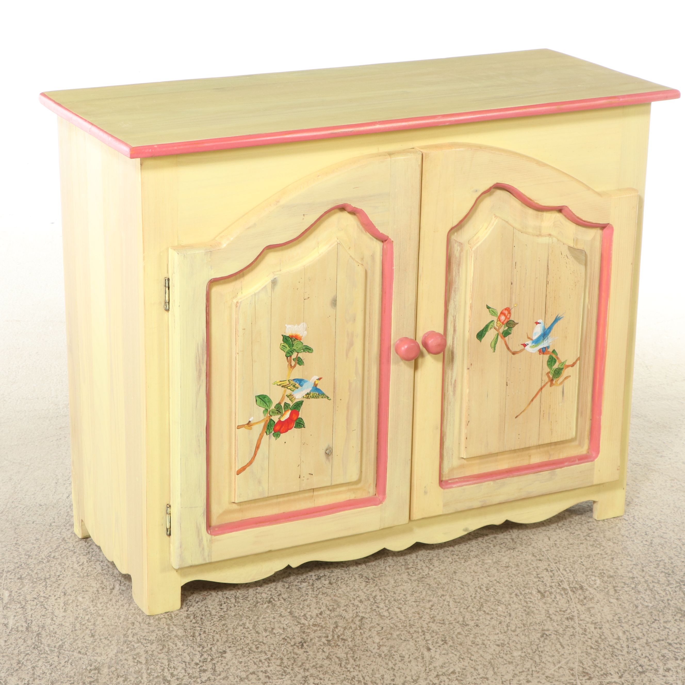 Mexican Hand-Painted Pine Two-Door Cabinet with Bird and Floral Motifs