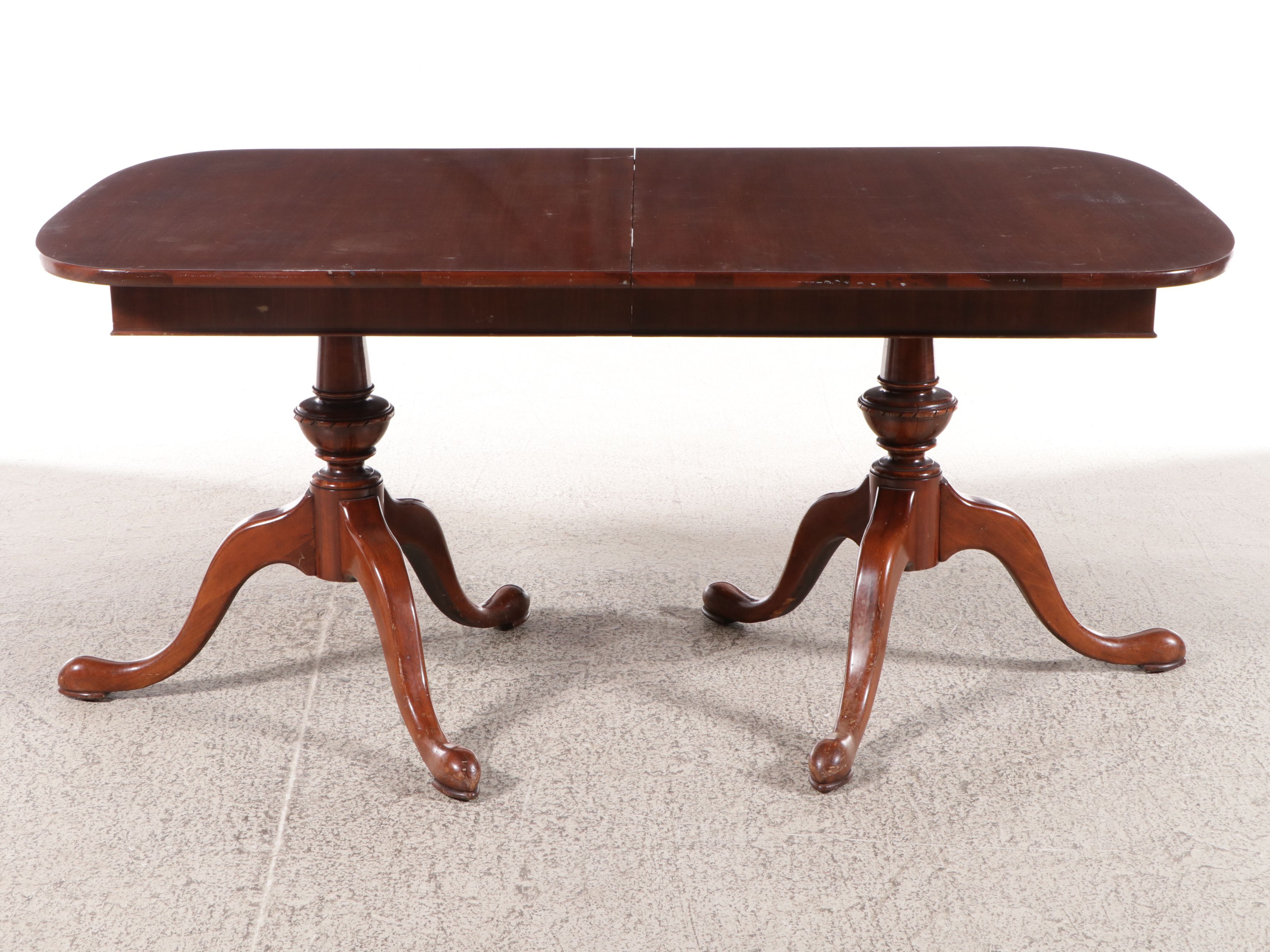 Regency Style Mahogany Double Pedestal Dining Table and Six Harp-Back Chairs