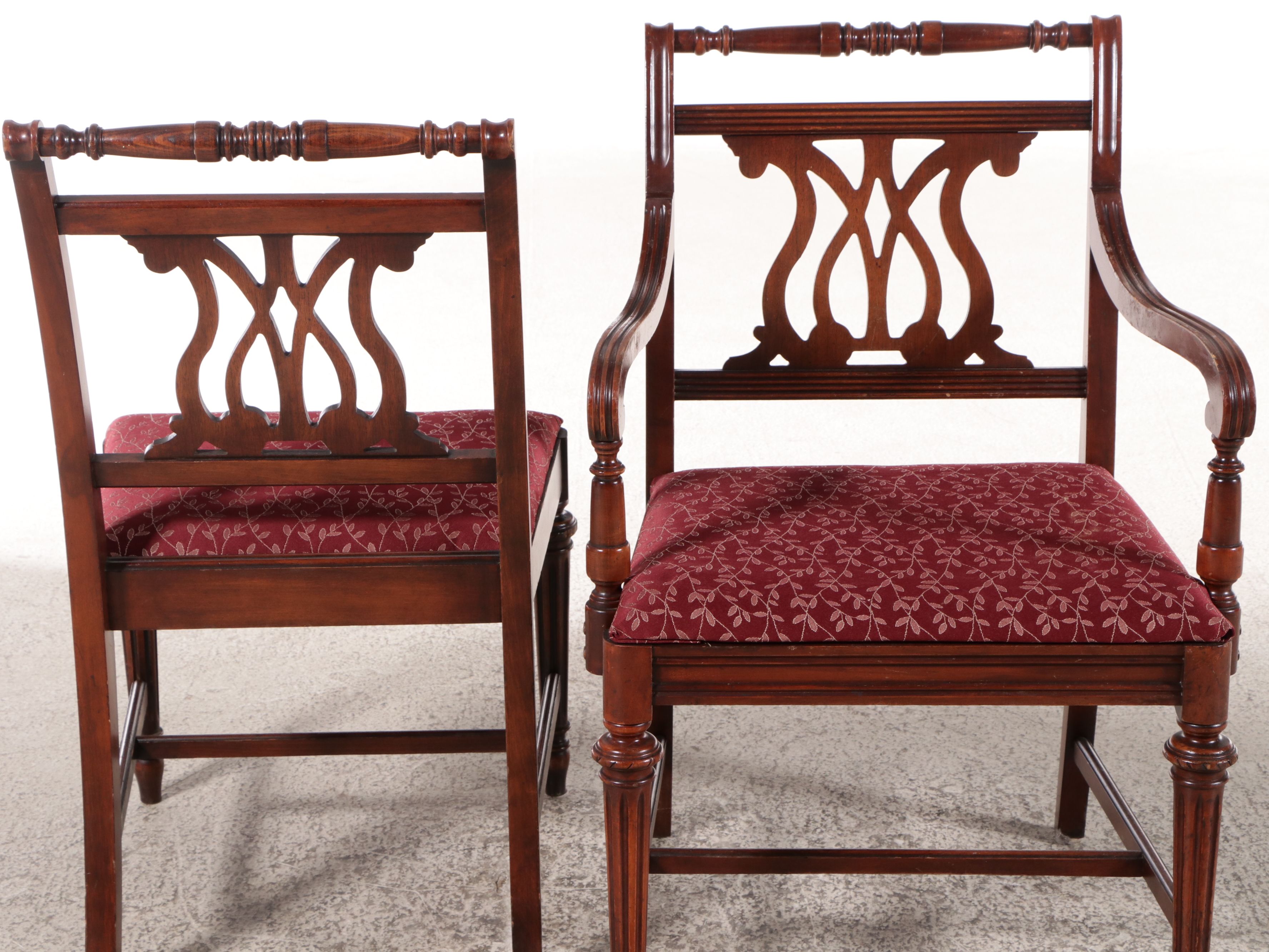 Regency Style Mahogany Double Pedestal Dining Table and Six Harp-Back Chairs