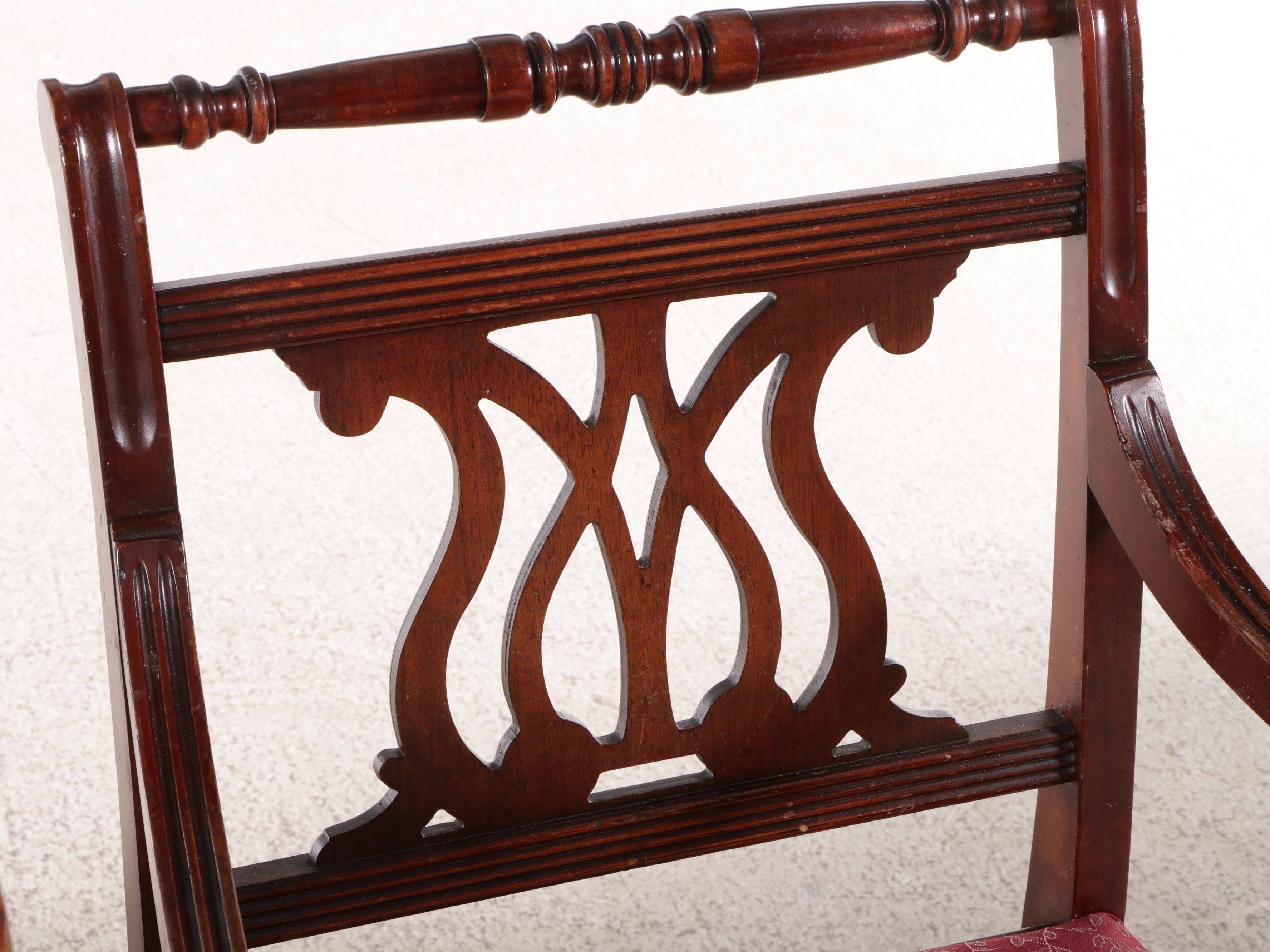 Regency Style Mahogany Double Pedestal Dining Table and Six Harp-Back Chairs