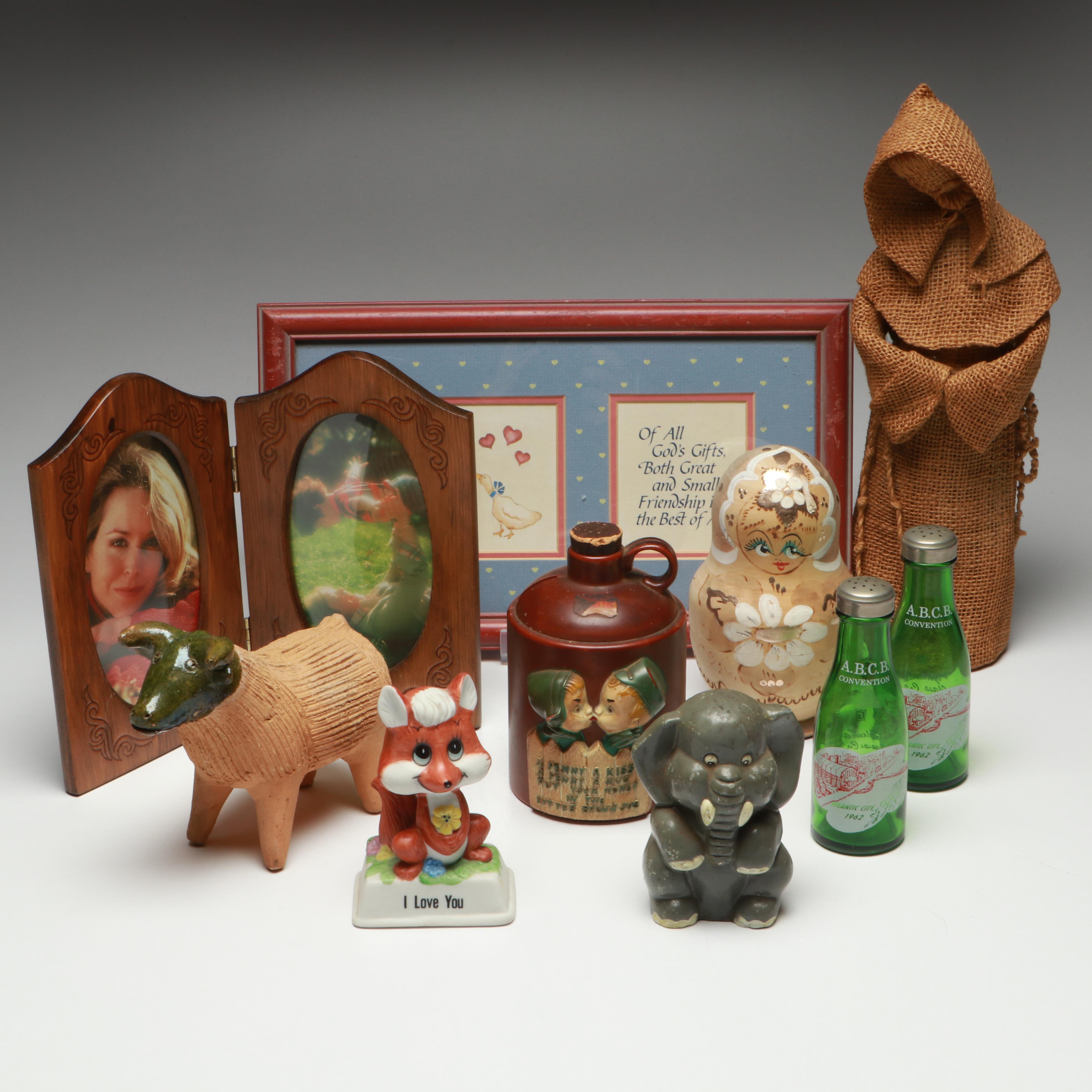 Vintage Coin Banks, Folding Picture Frame and Other Table Décor