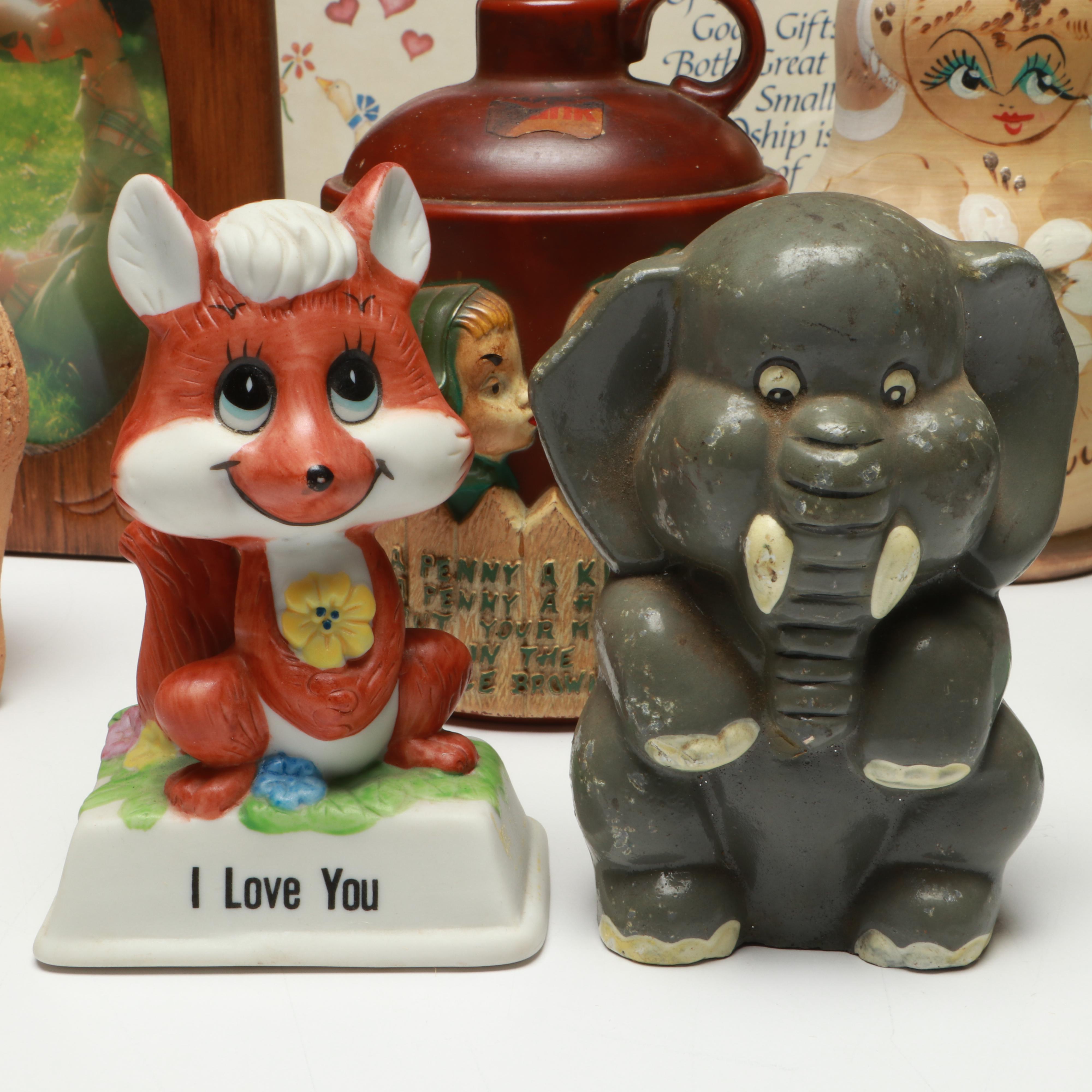 Vintage Coin Banks, Folding Picture Frame and Other Table Décor