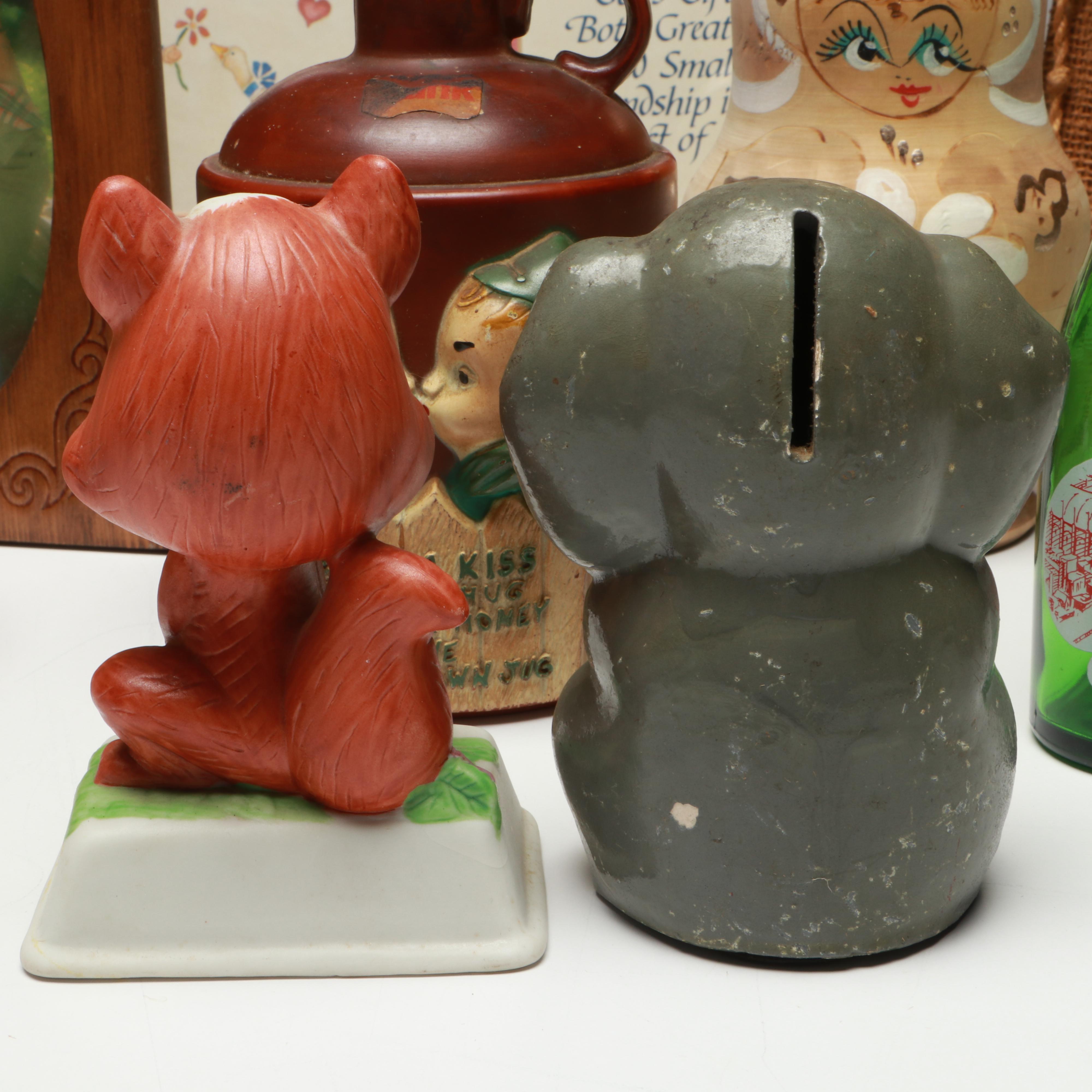 Vintage Coin Banks, Folding Picture Frame and Other Table Décor