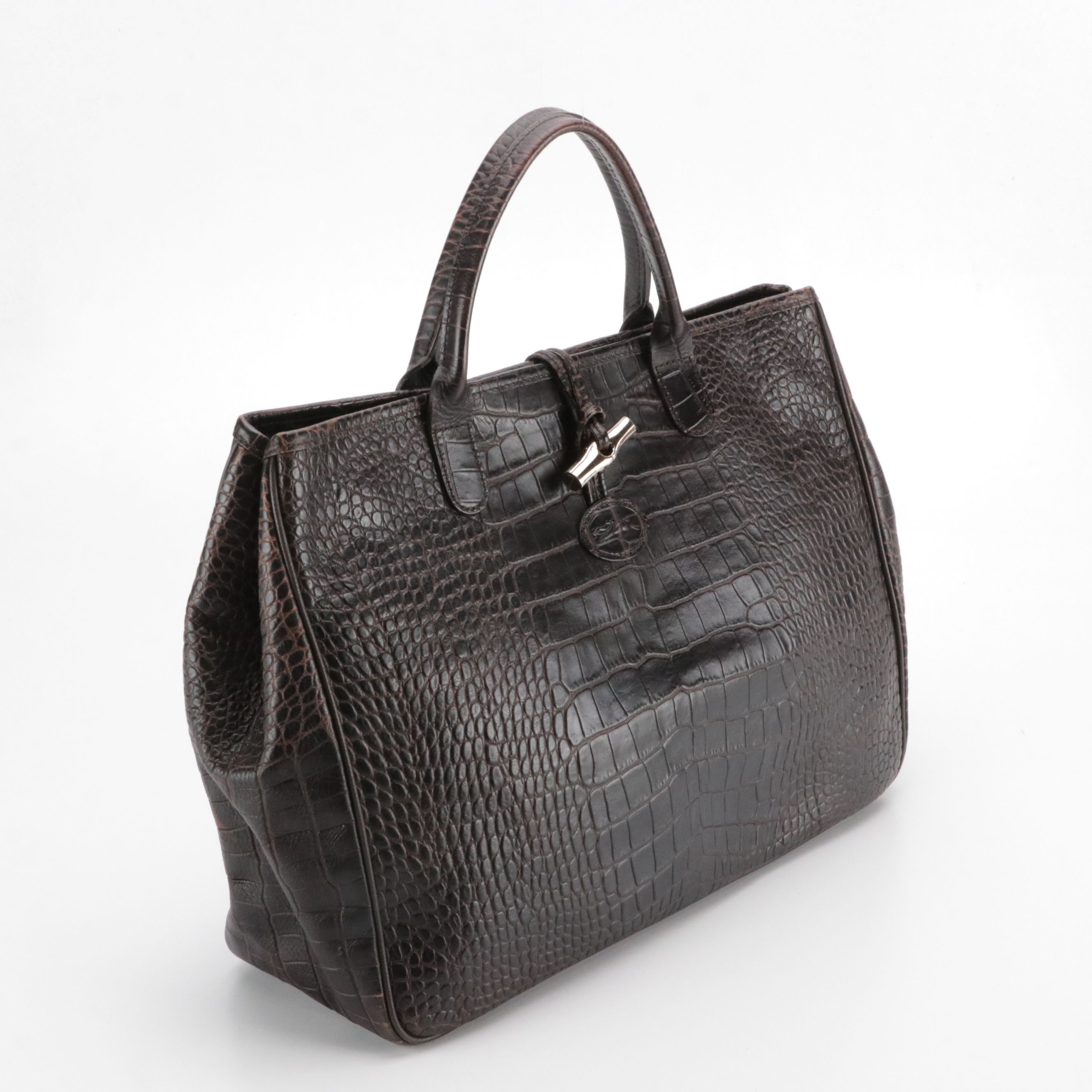 Longchamp Brown Croc-Embossed Leather Roseau Tote