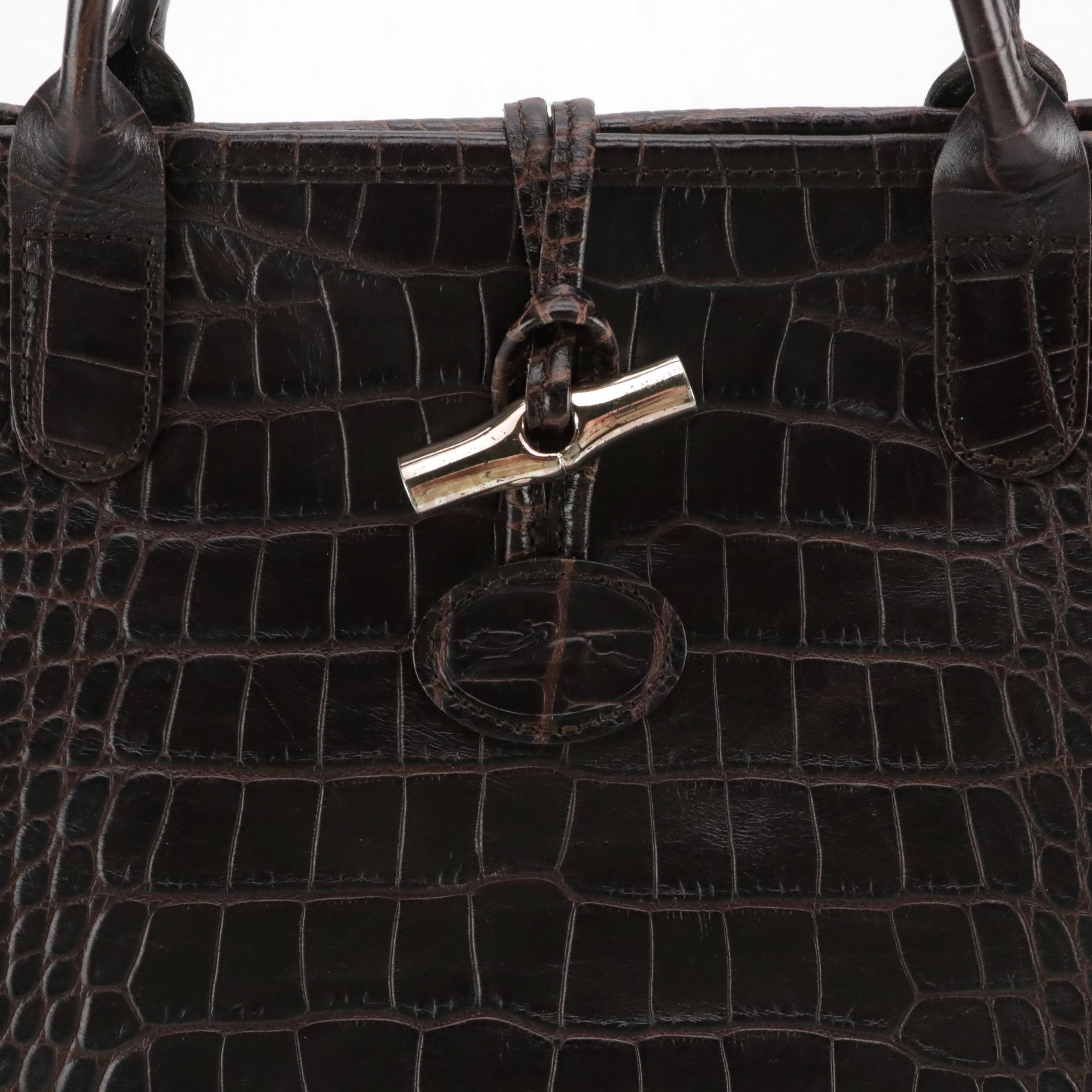 Longchamp Brown Croc-Embossed Leather Roseau Tote